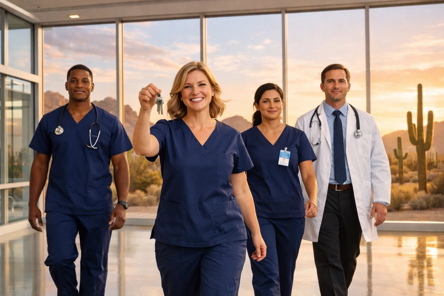 Phoenix healthcare professionals in a hospital hallway celebrating hero housing benefits and homeownership.