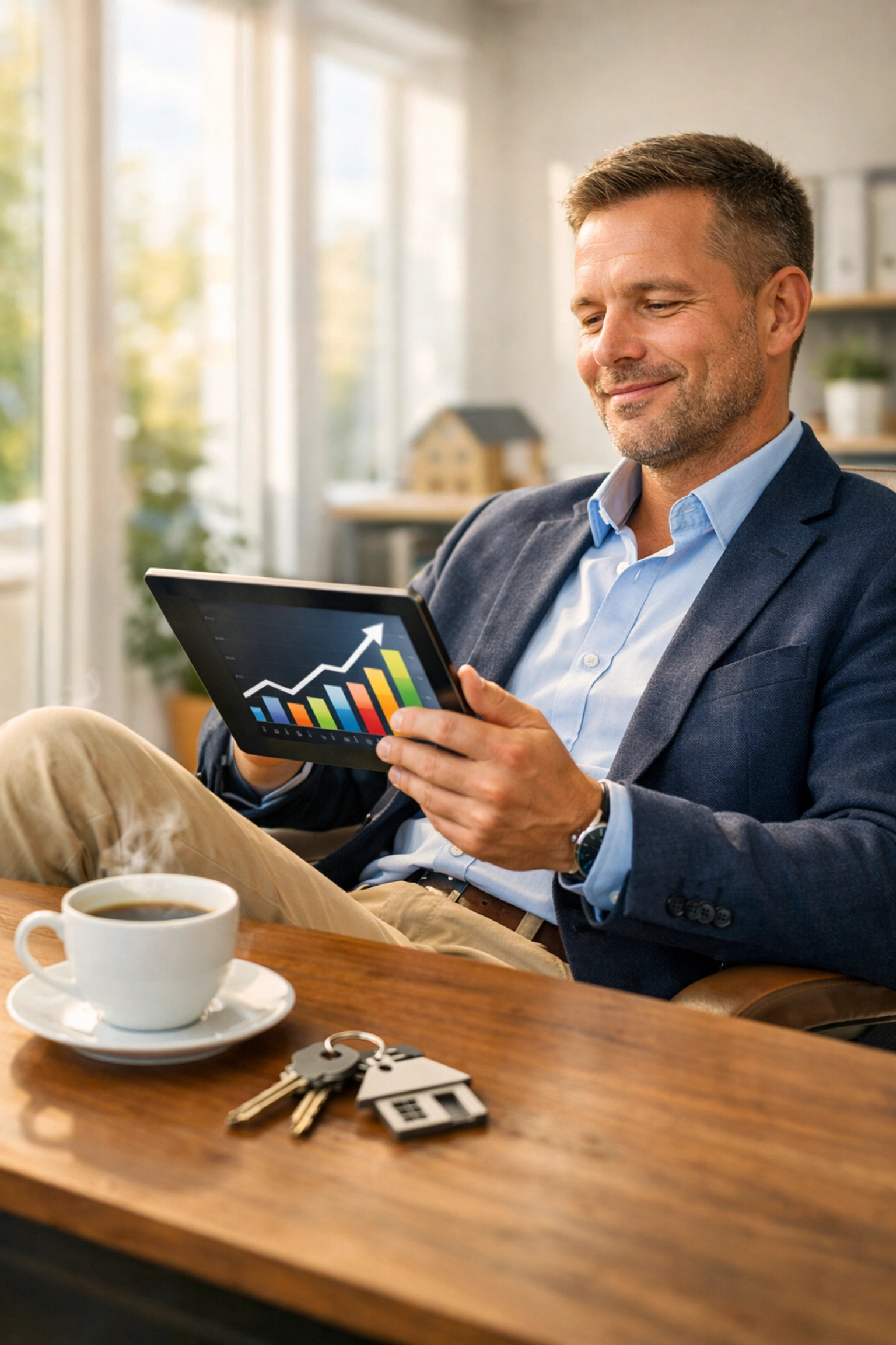 Successful property investor analyzing financial growth charts for a high-yield HMO portfolio.