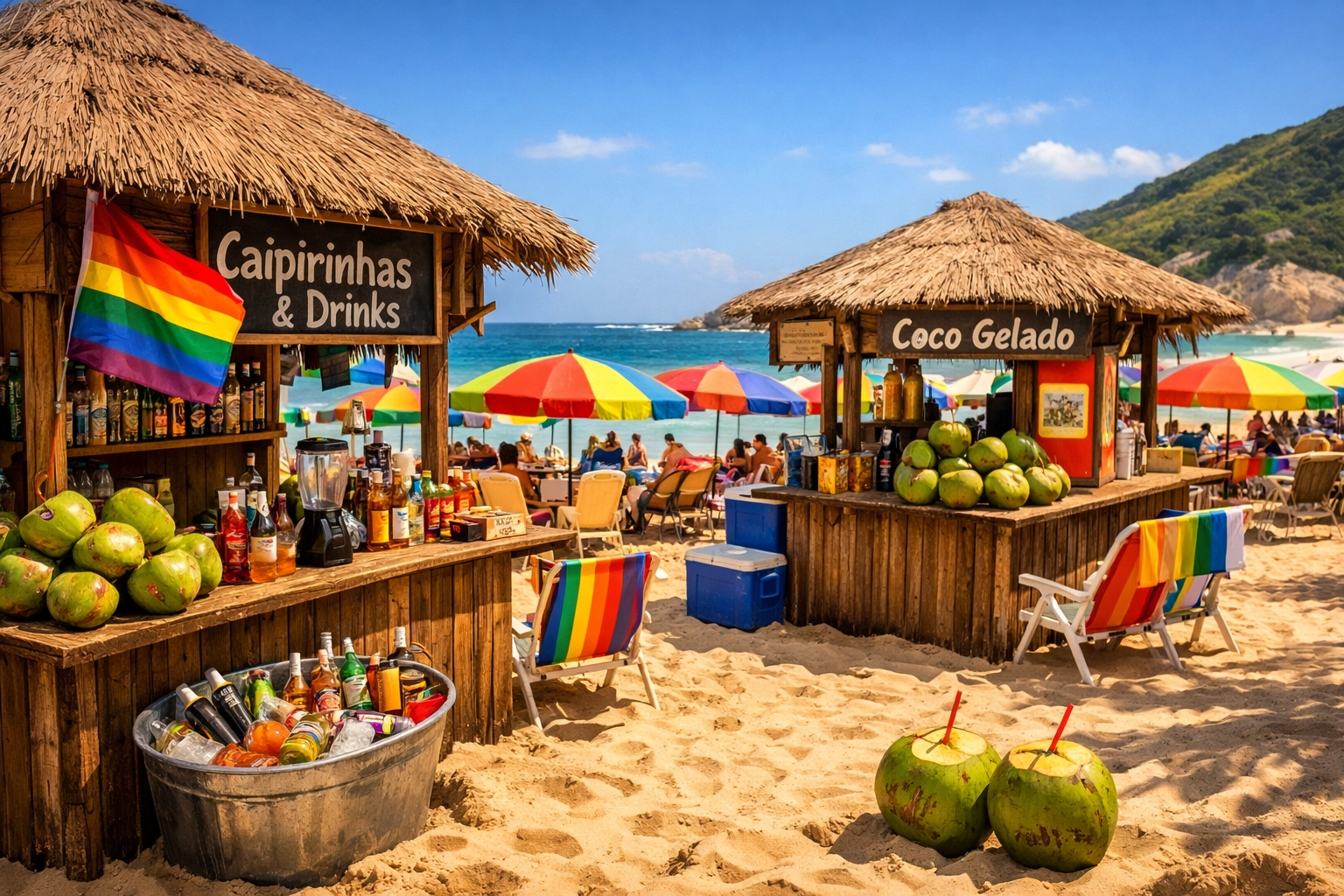 Beach kiosks and umbrellas offering refreshments at Praia do Abricó naturist beach