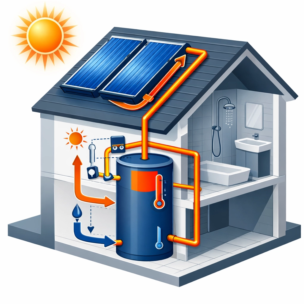 Solar thermal system diagram showing roof collectors connected to hot water storage tank via insulated pipes