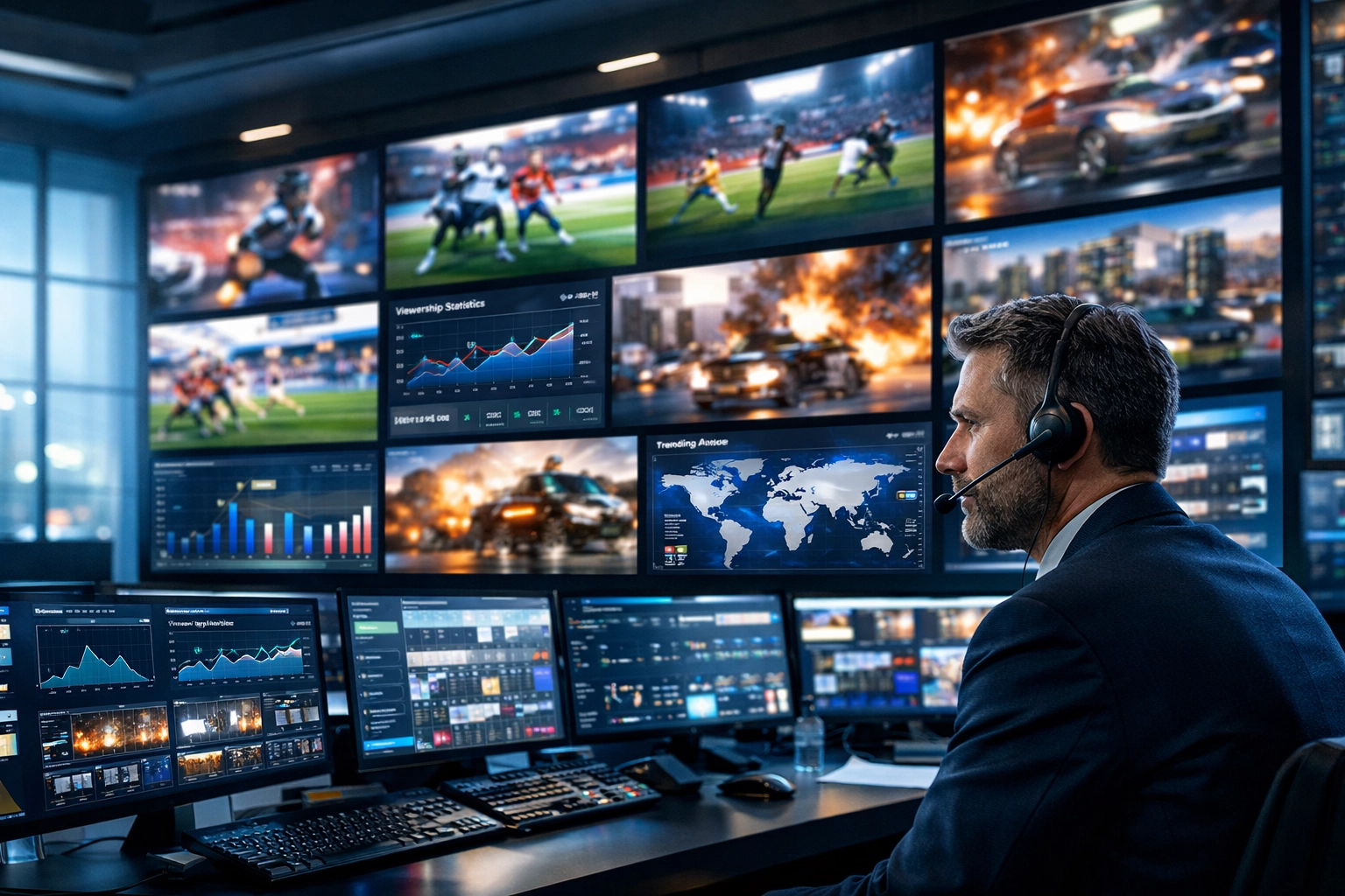 Media strategist at Dakdan Worldwide managing sports and entertainment content in a high-tech operations center.