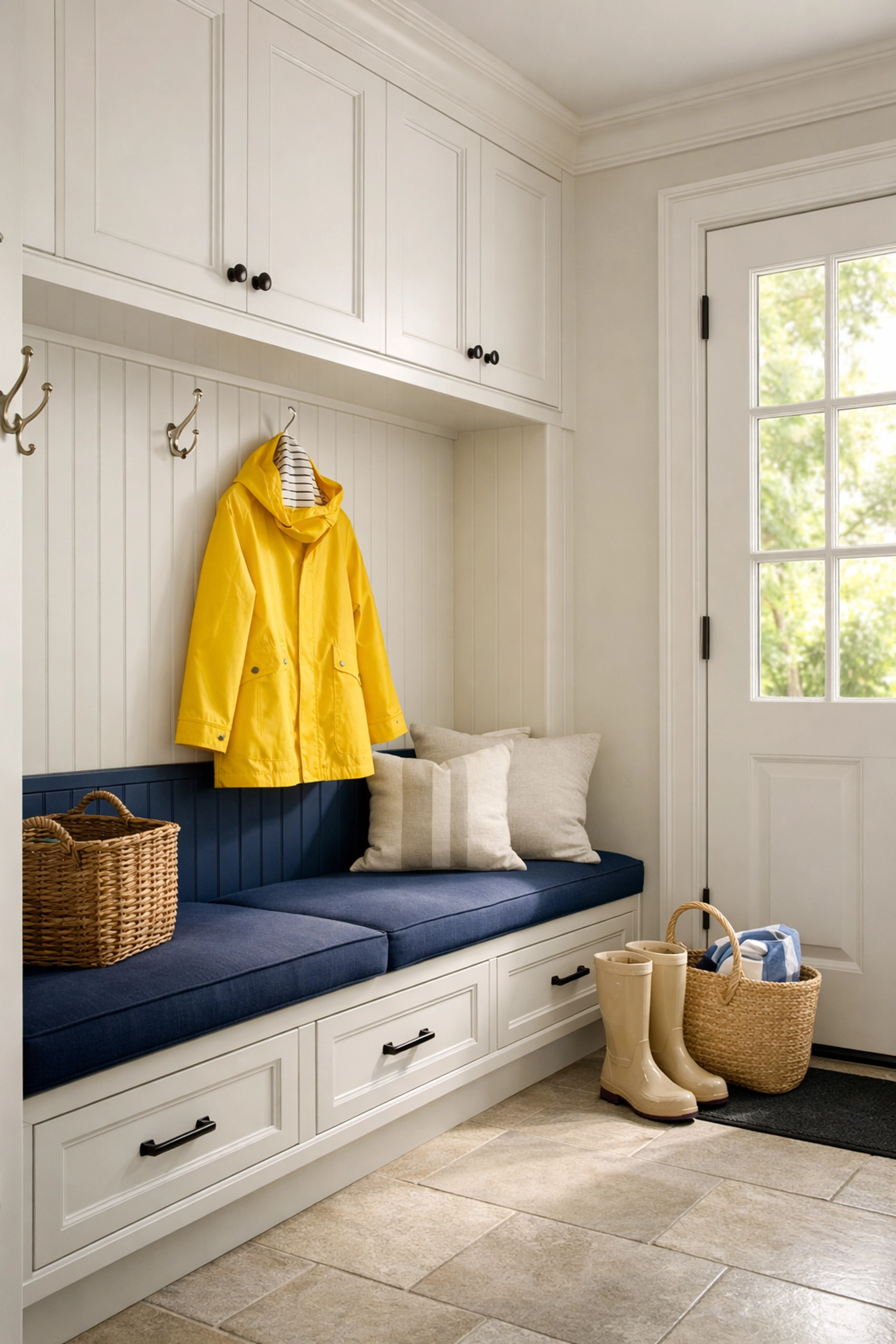 A spotless and organized mudroom in a Massachusetts home after a recurring ninja-level house cleaning service.