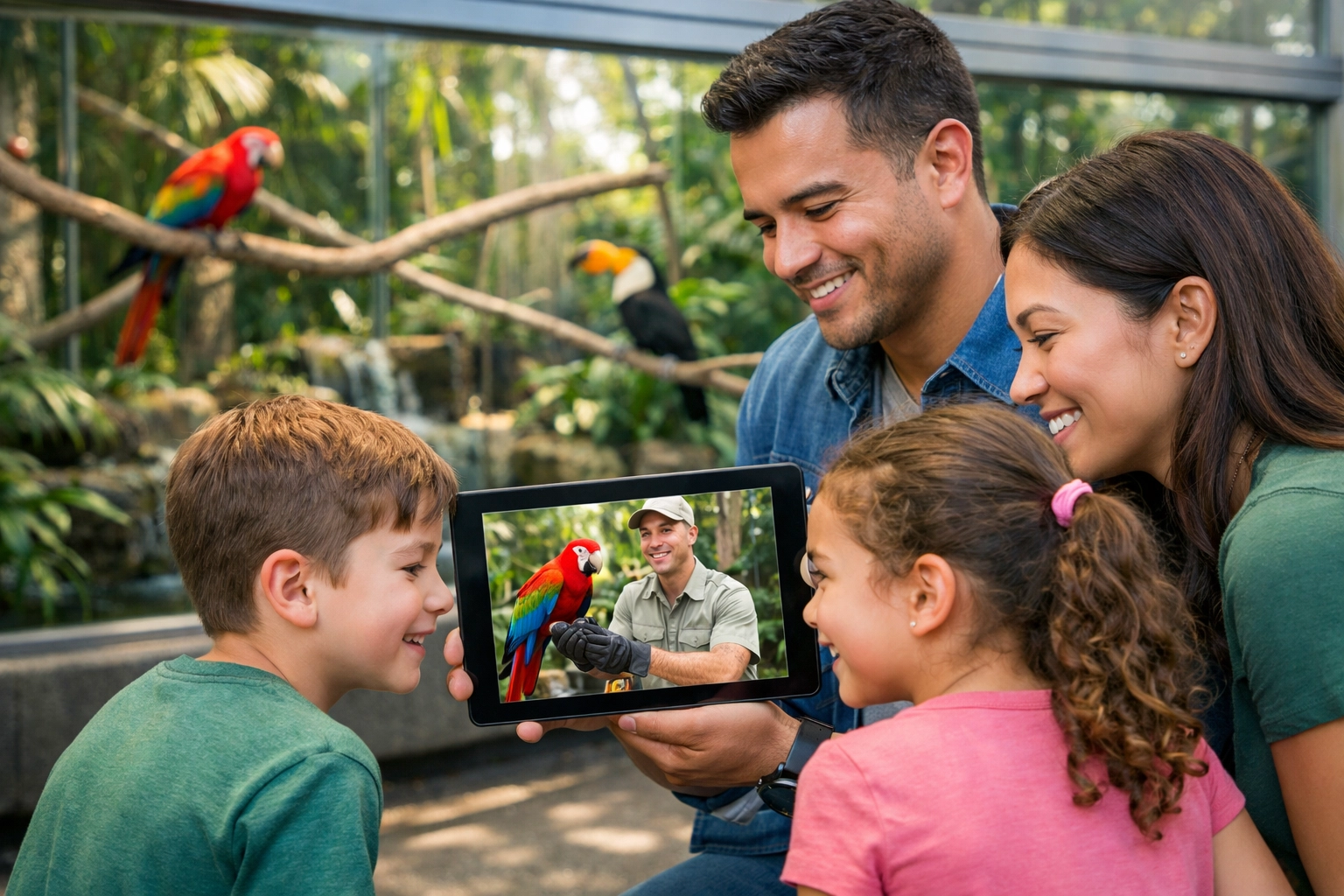 Family using a tablet for interactive animal education at a modern zoo exhibit.