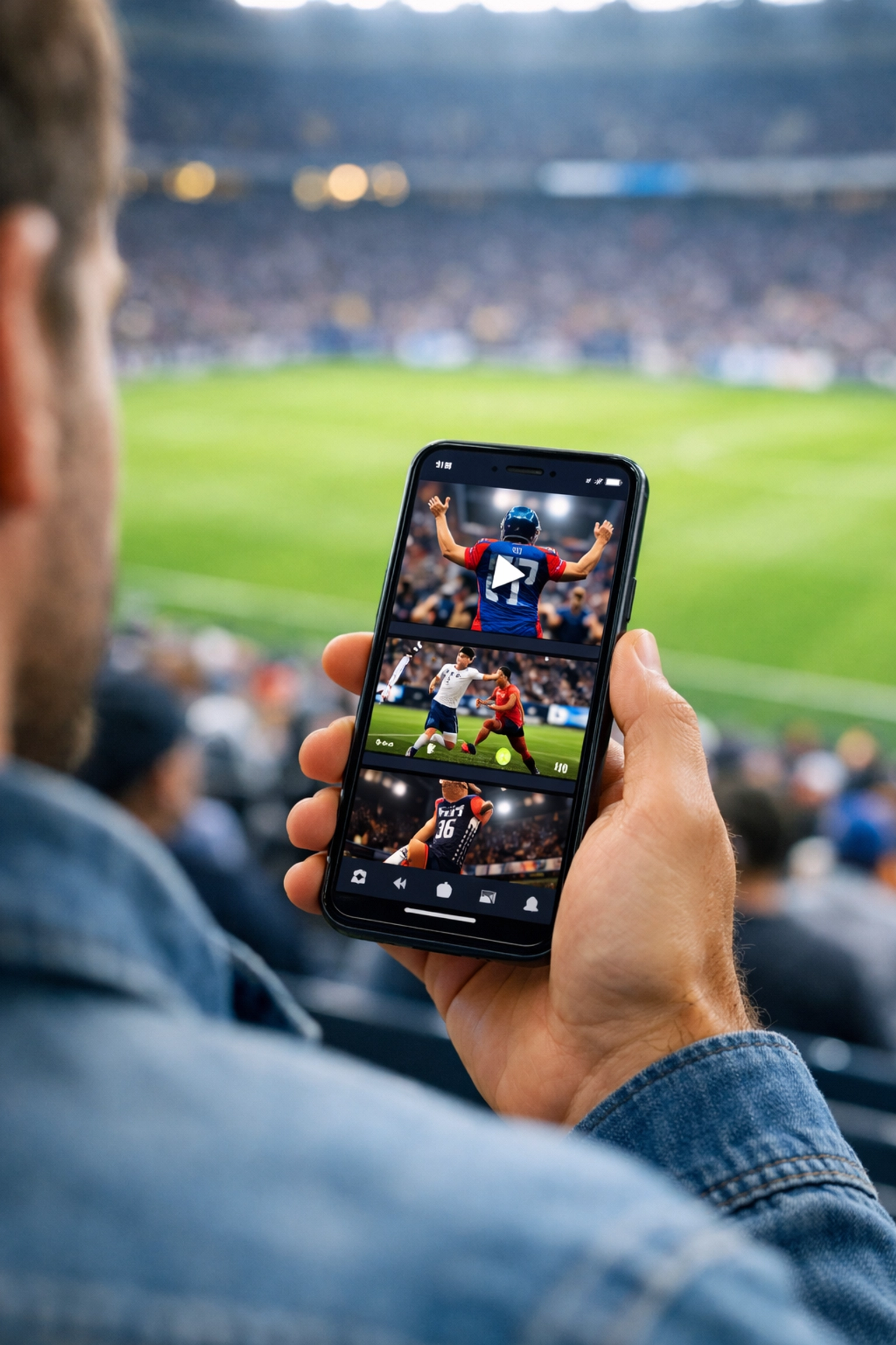 Person using a mobile device for social media engagement during a live sports event at a stadium.