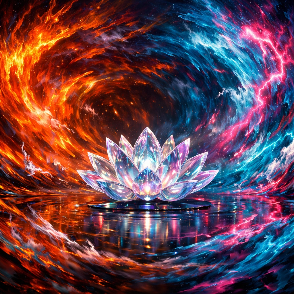 A calm lotus in a swirling storm, showing how to be a better parent by remaining peaceful during emotional outbursts.