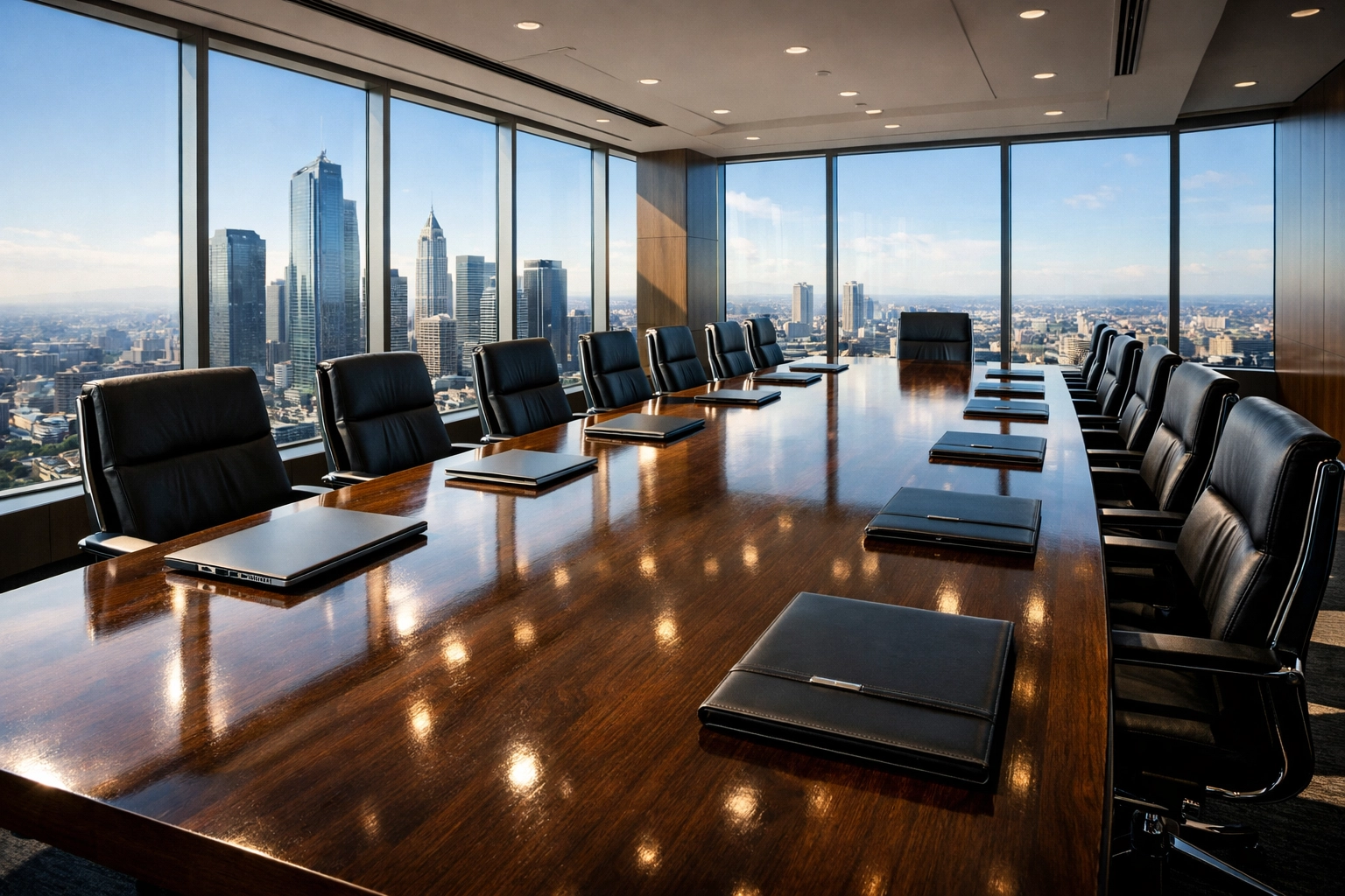 A sleek corporate boardroom reflecting strategic brand alignment and year-round executive travel planning.