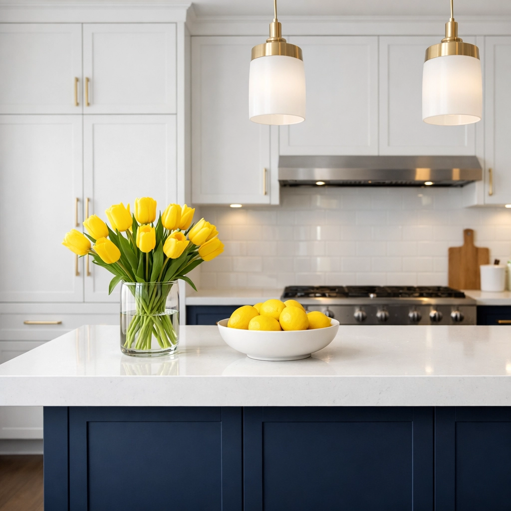 Spotless organized kitchen island, an example of premium residential cleaning in Massachusetts.