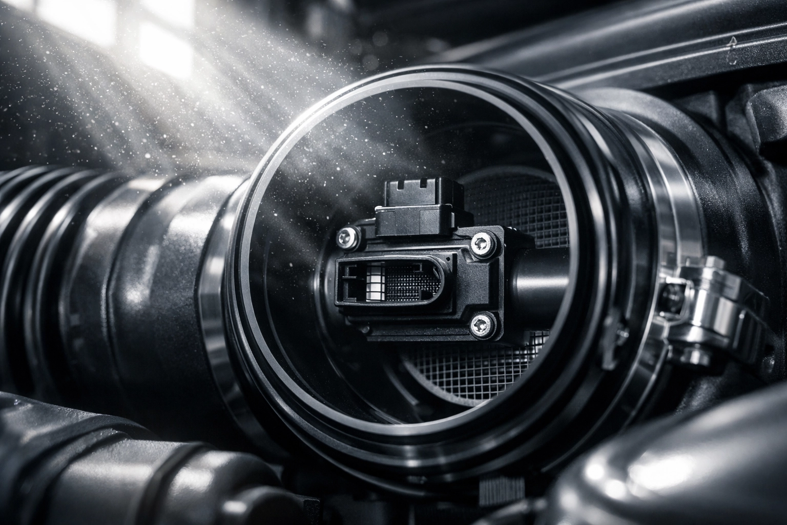 Mass airflow sensor in a car engine intake during professional auto repair Indianapolis.