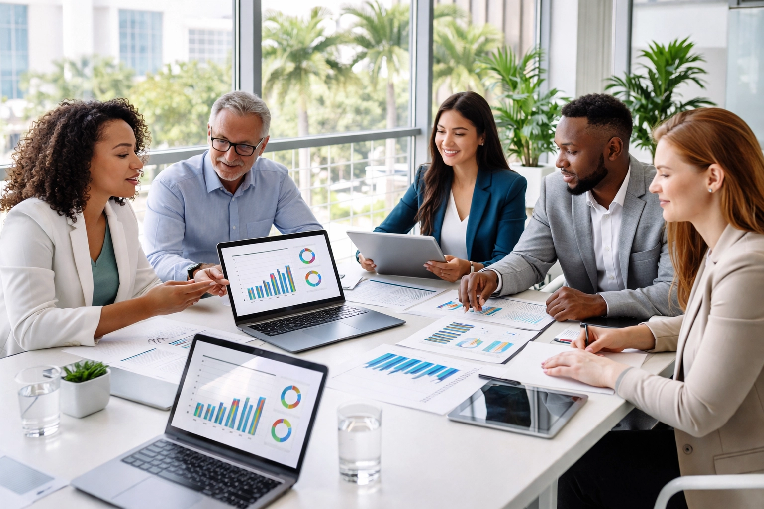 Accounting team collaborating on financial reports in a bright South Florida office, highlighting teamwork in bookkeeping services
