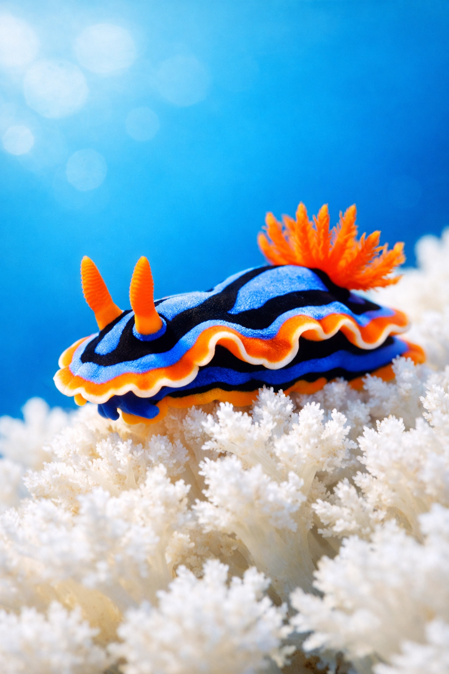 Vibrant neon nudibranch on soft coral highlighting the biodiversity of Apo Reef.
