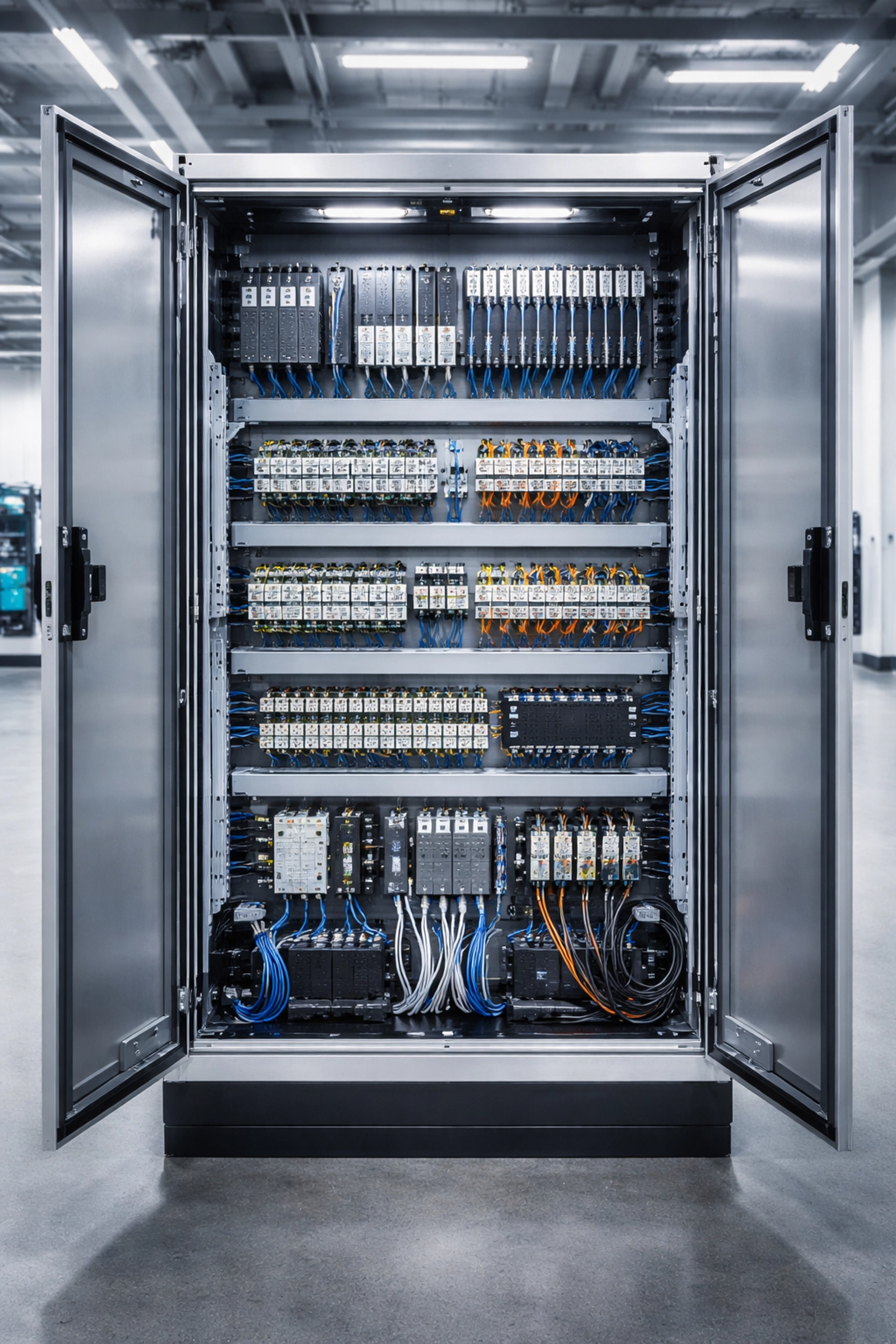 Custom industrial automation cabinet displaying organized PLC modules, cable trays, and precision wiring
