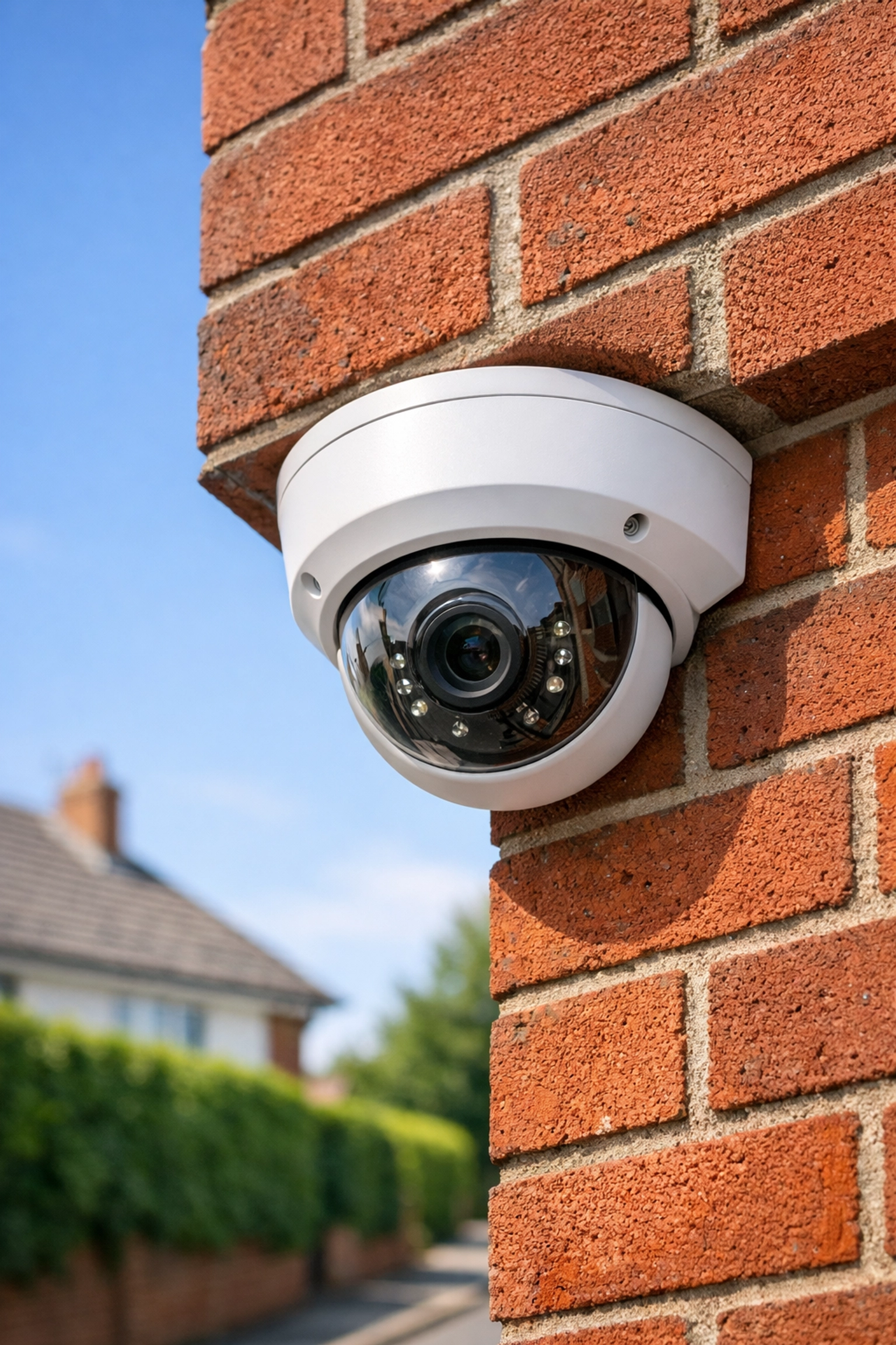 Vandal-resistant dome CCTV camera professionally installed on a red-brick building for Minehead business security.