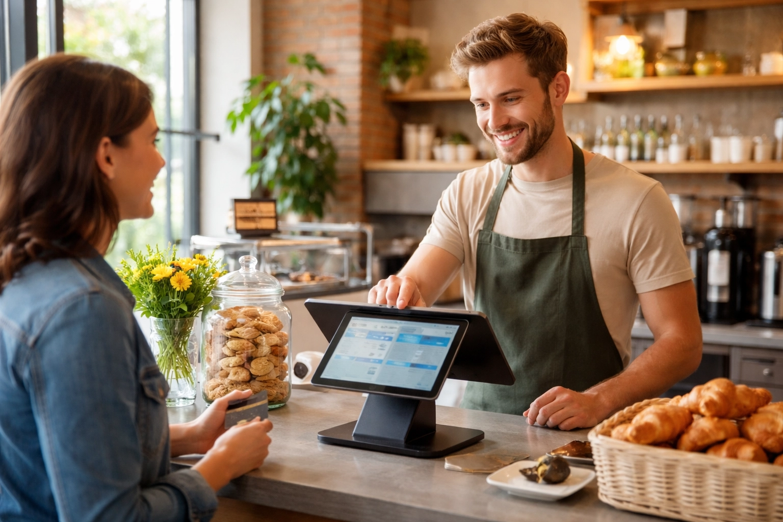 Barista using a tablet POS system to serve a customer in a modern UK café