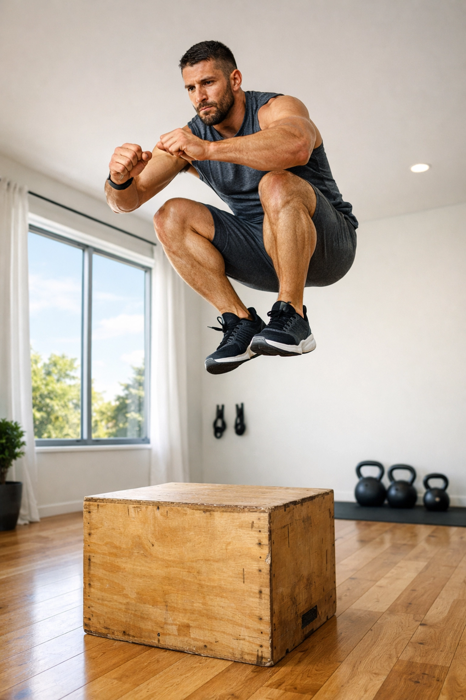 Athlete performing box jump exercise for explosive lower body power at home