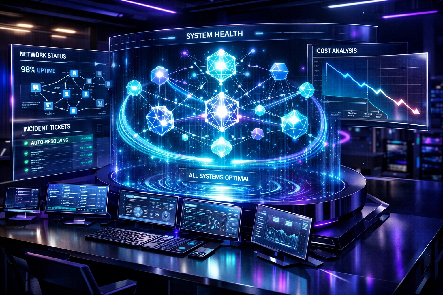 ServiceNow ITOM command center with AI agents automating incident resolution and reducing costs