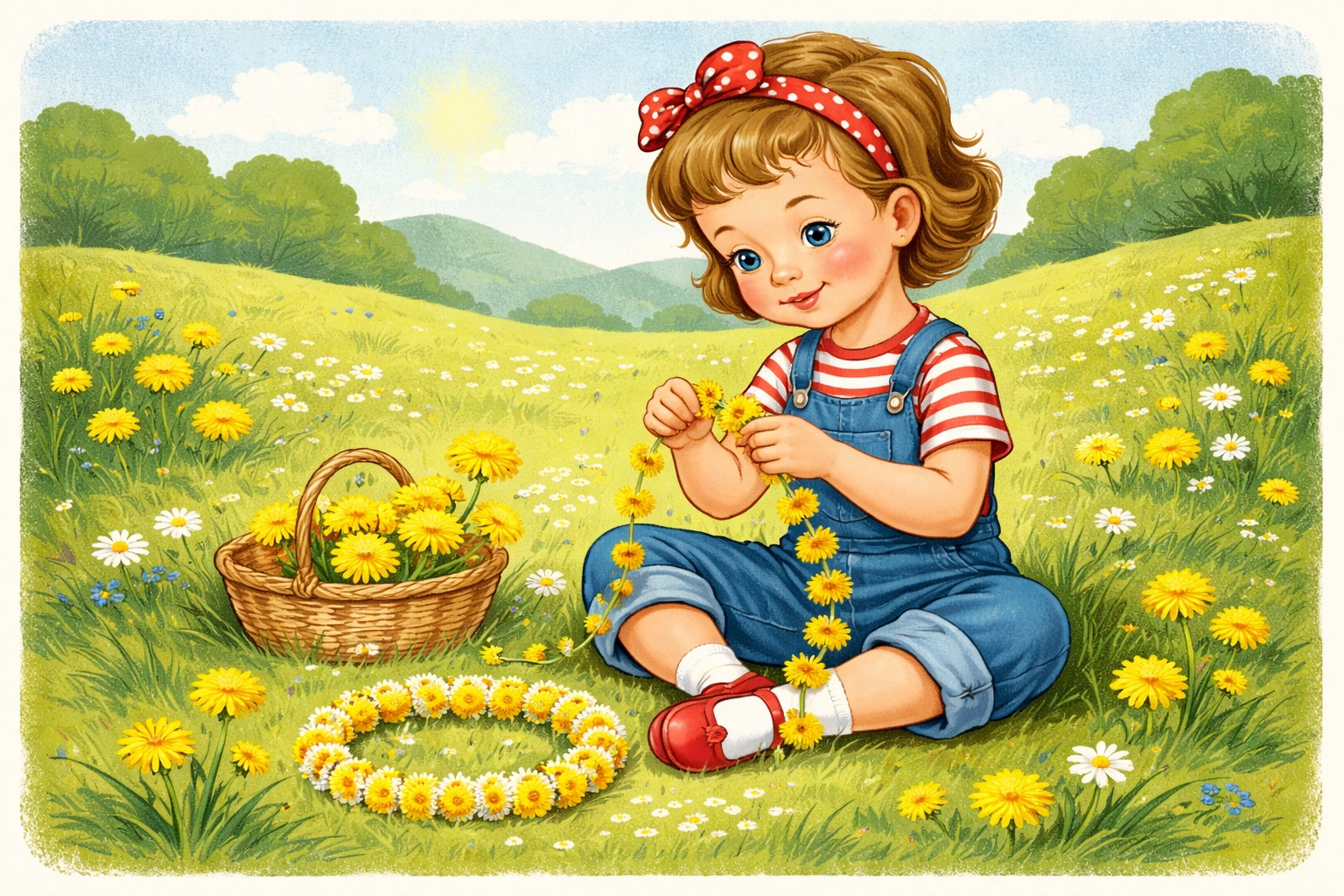 Child sitting in meadow threading dandelions together for a DIY dandelion crown craft