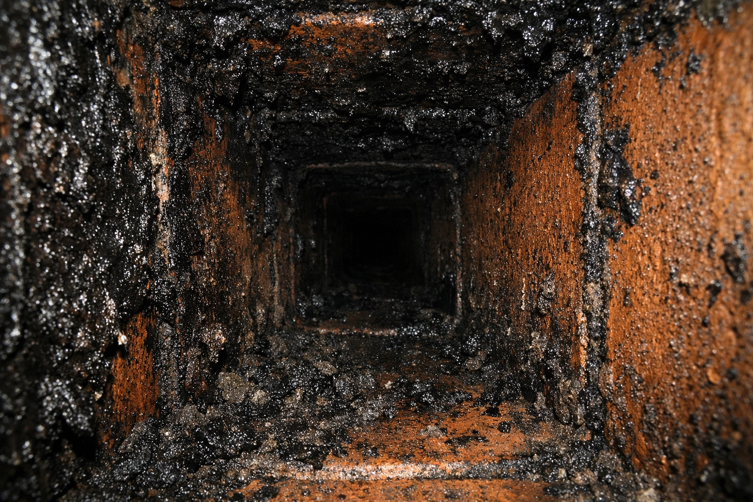 Dangerous creosote buildup inside chimney flue requiring professional cleaning