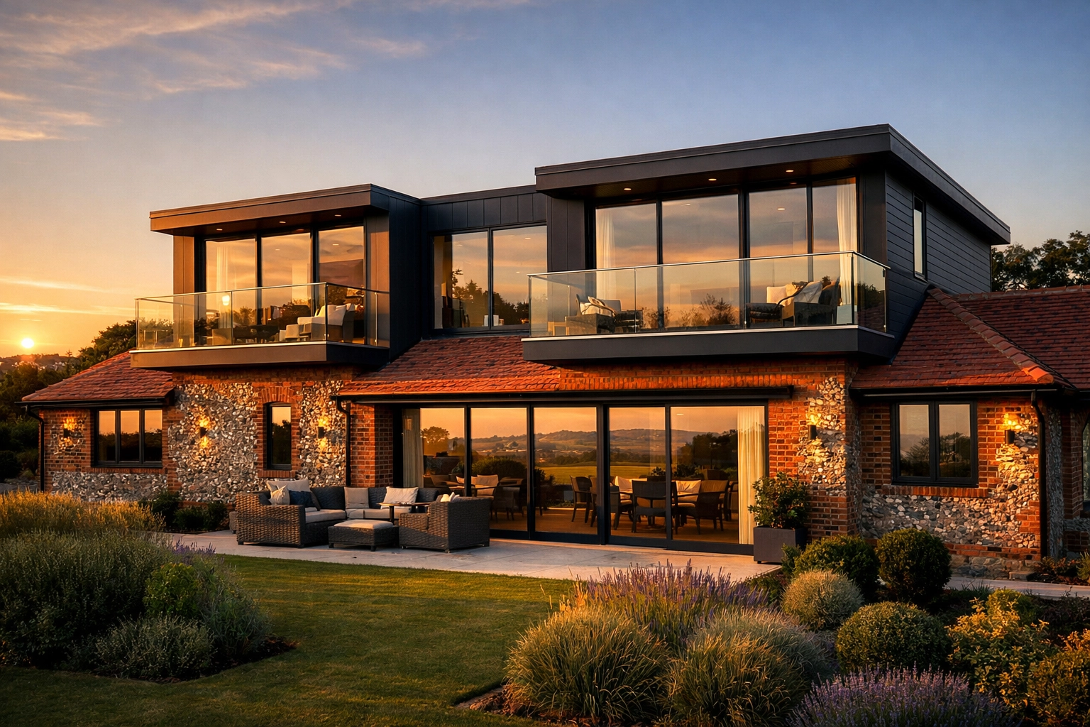 Modern second-floor addition on a West Sussex bungalow featuring stylish cladding and glass balconies.