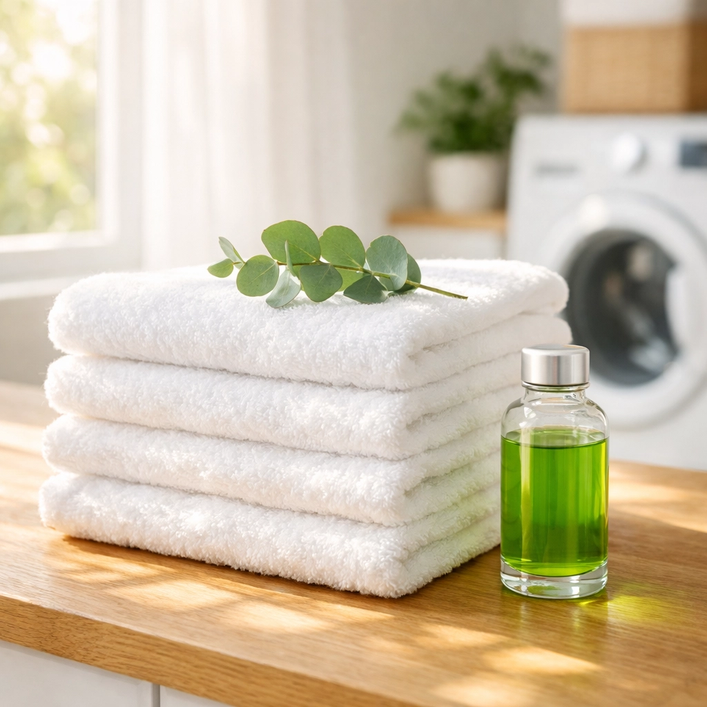 MelaPower plant-based laundry concentrate and fresh white towels in a bright, non-toxic laundry room.