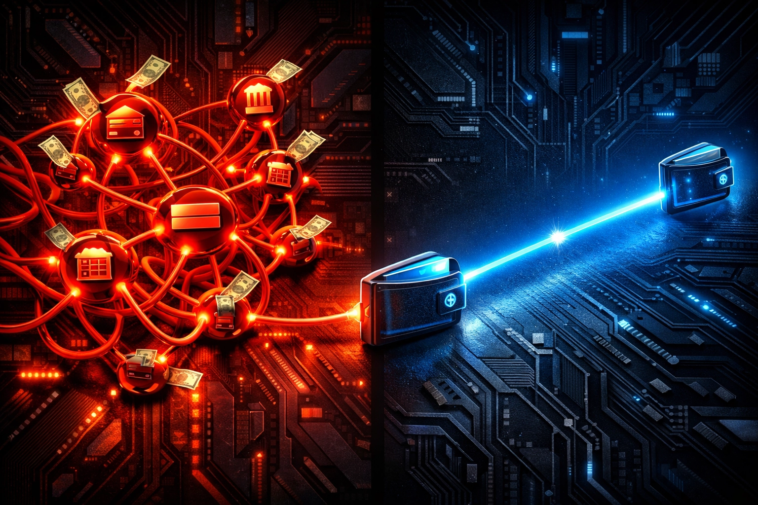 Traditional payment processing vs self-custody crypto showing fee reduction from intermediaries to direct wallet payments