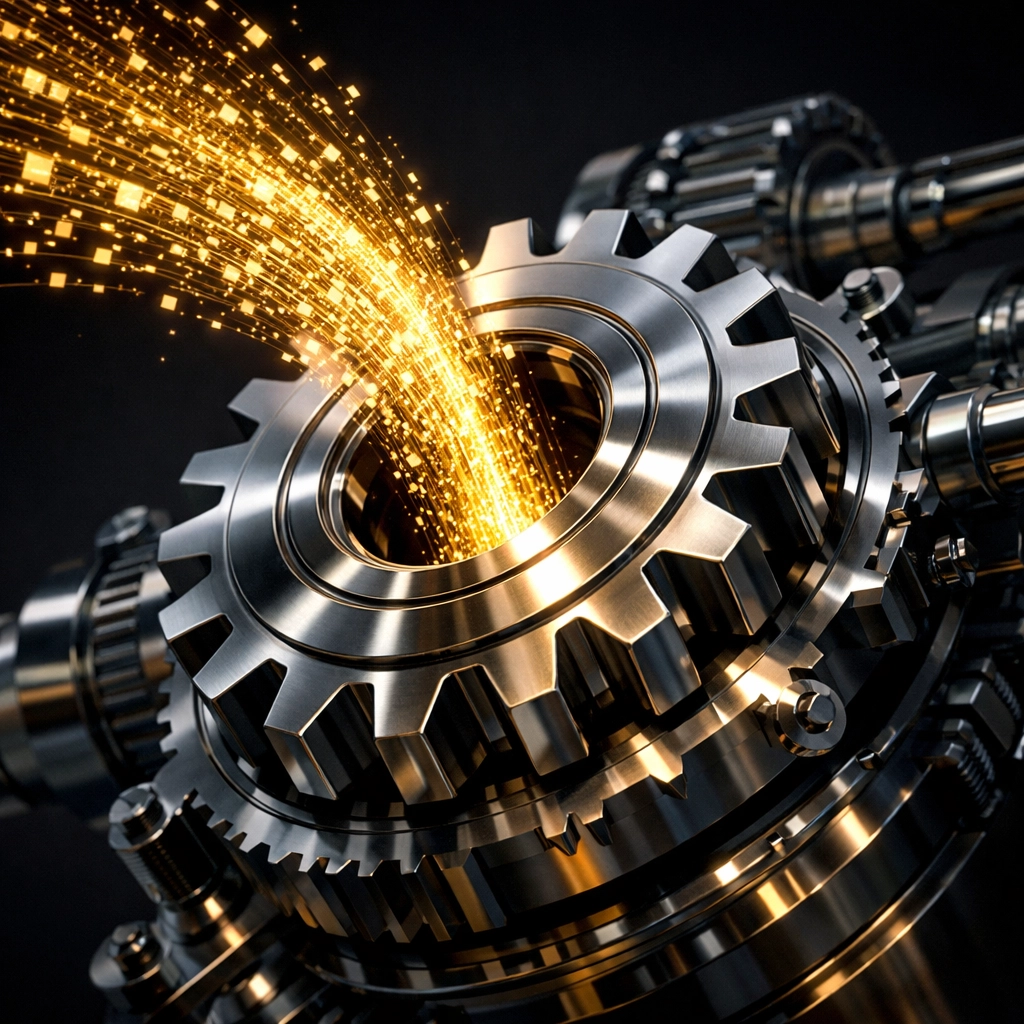 Digital data streams integrating with mechanical gears for efficient manufacturing automation.