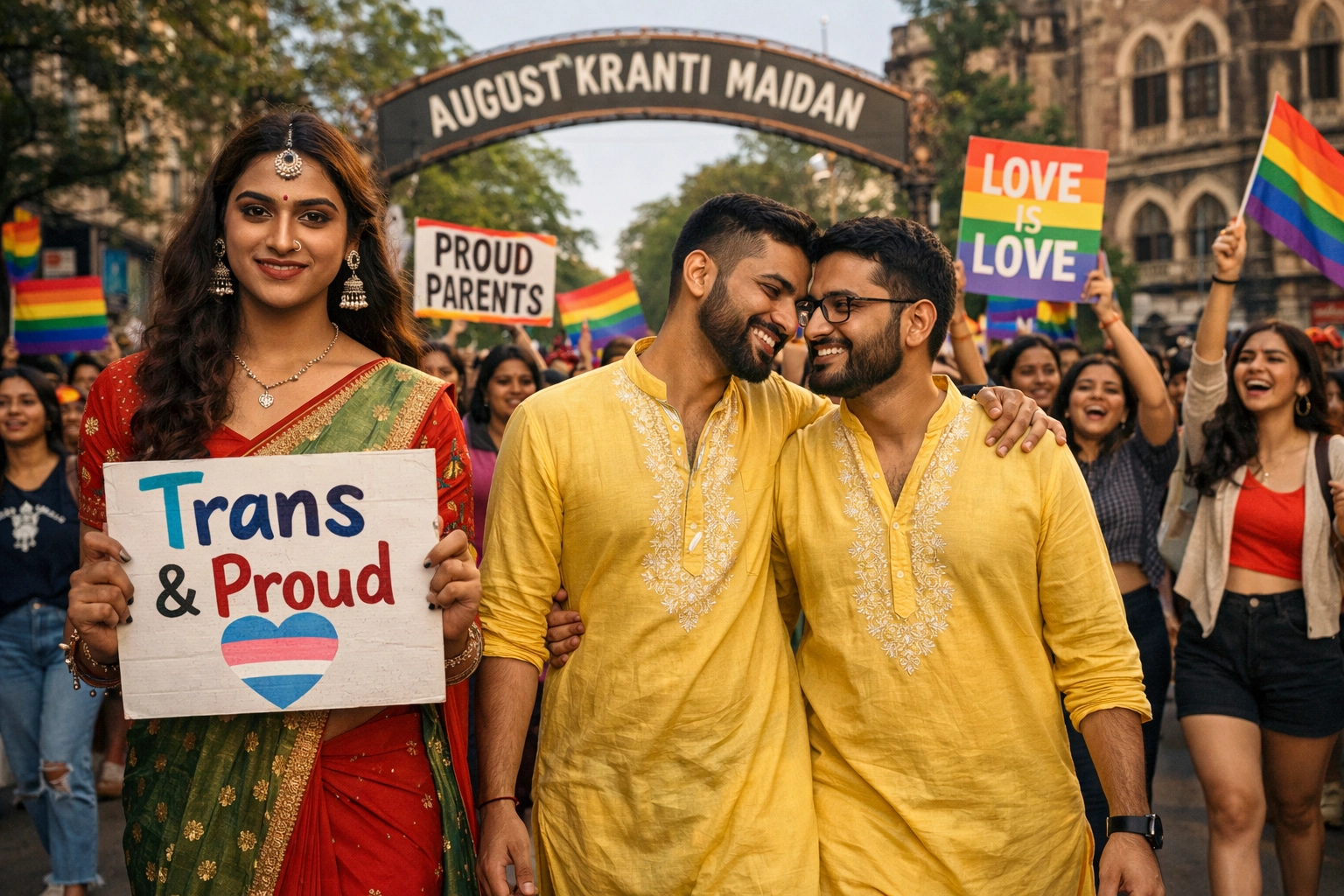 Mumbai Pride march participants including trans woman and gay couple in traditional Indian attire