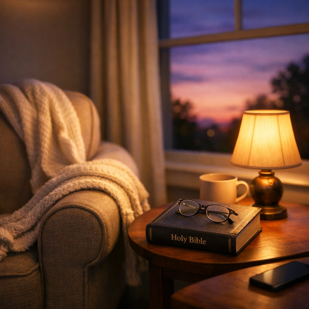 Cozy reading chair with Bible and powered-off phone creating restful evening boundaries