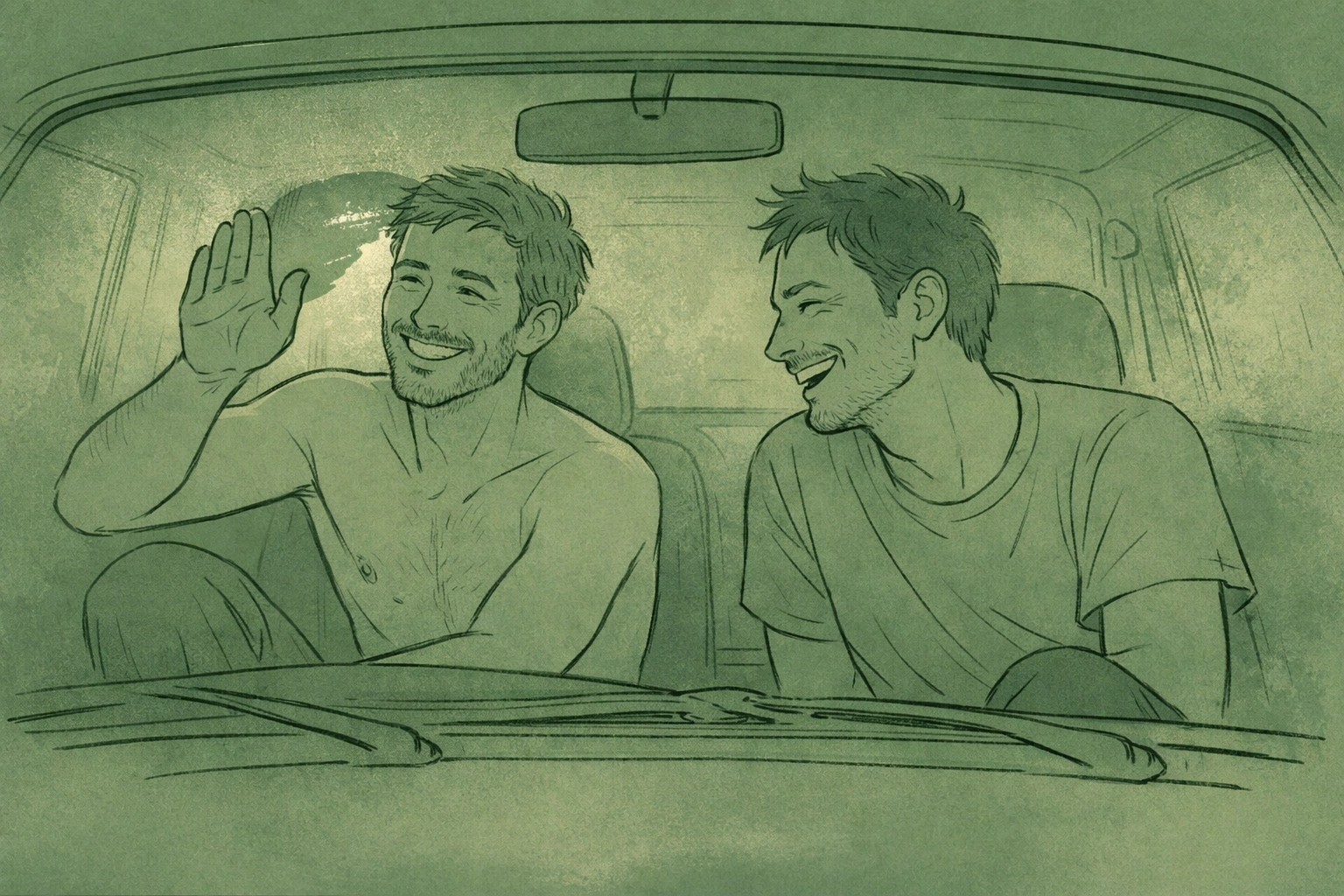 Two men laughing together in car after intimate encounter, wiping fogged windshield