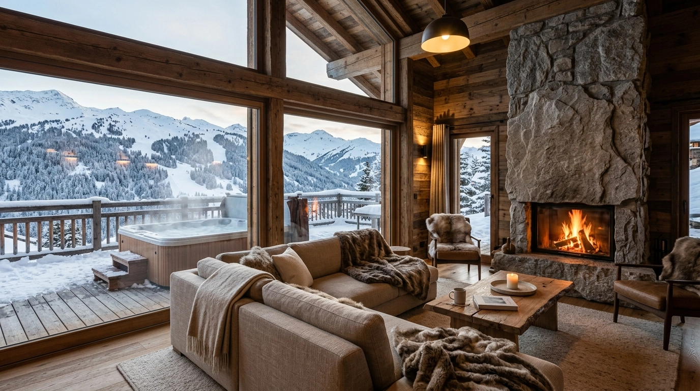 A high-end, cozy interior of a luxury ski chalet with large windows showing a snowy mountain slope and a stone fireplace.