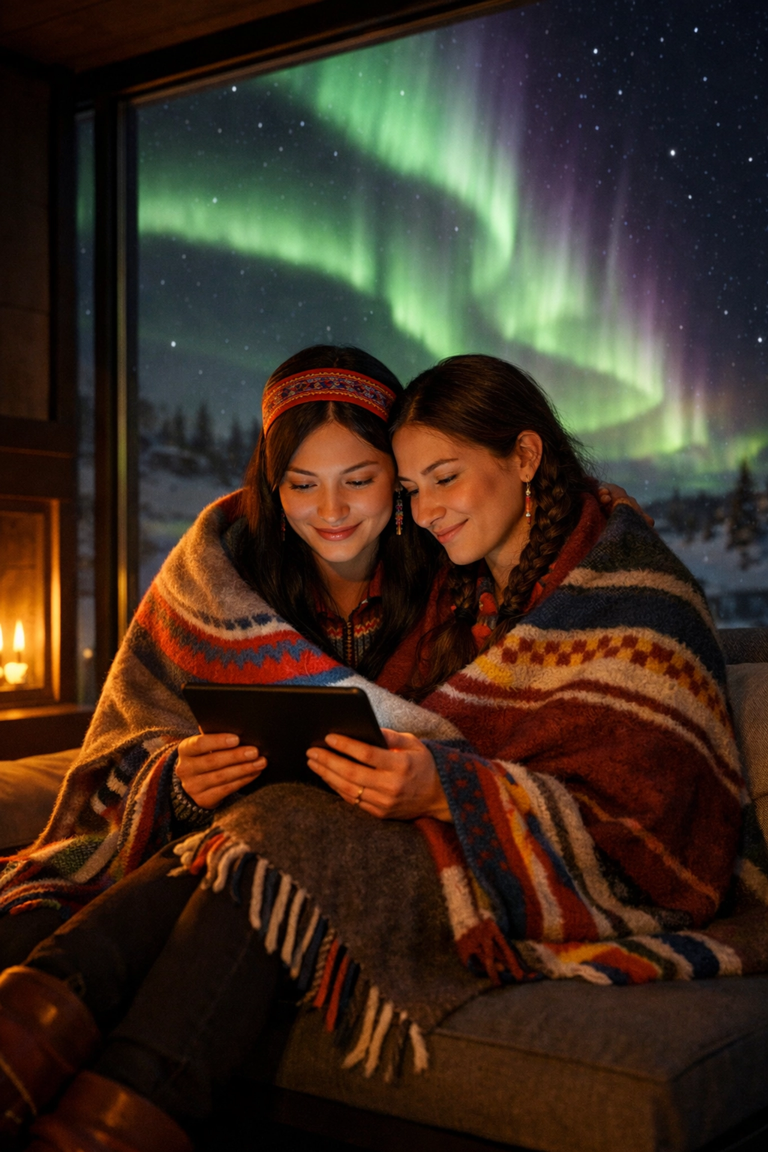 Indigenous queer women relaxing in a cozy cabin under the Aurora Borealis, celebrating Sámi LGBTQ+ identity.
