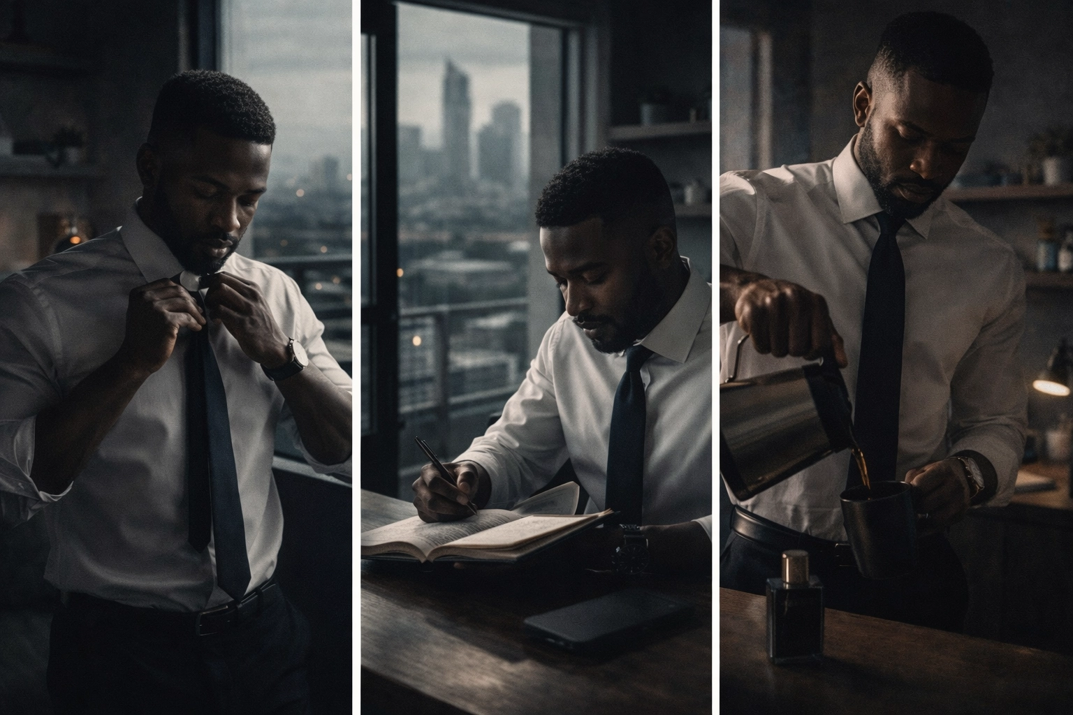 Black Christian professional in morning prayer demonstrating spiritual discipline and faith-based routine