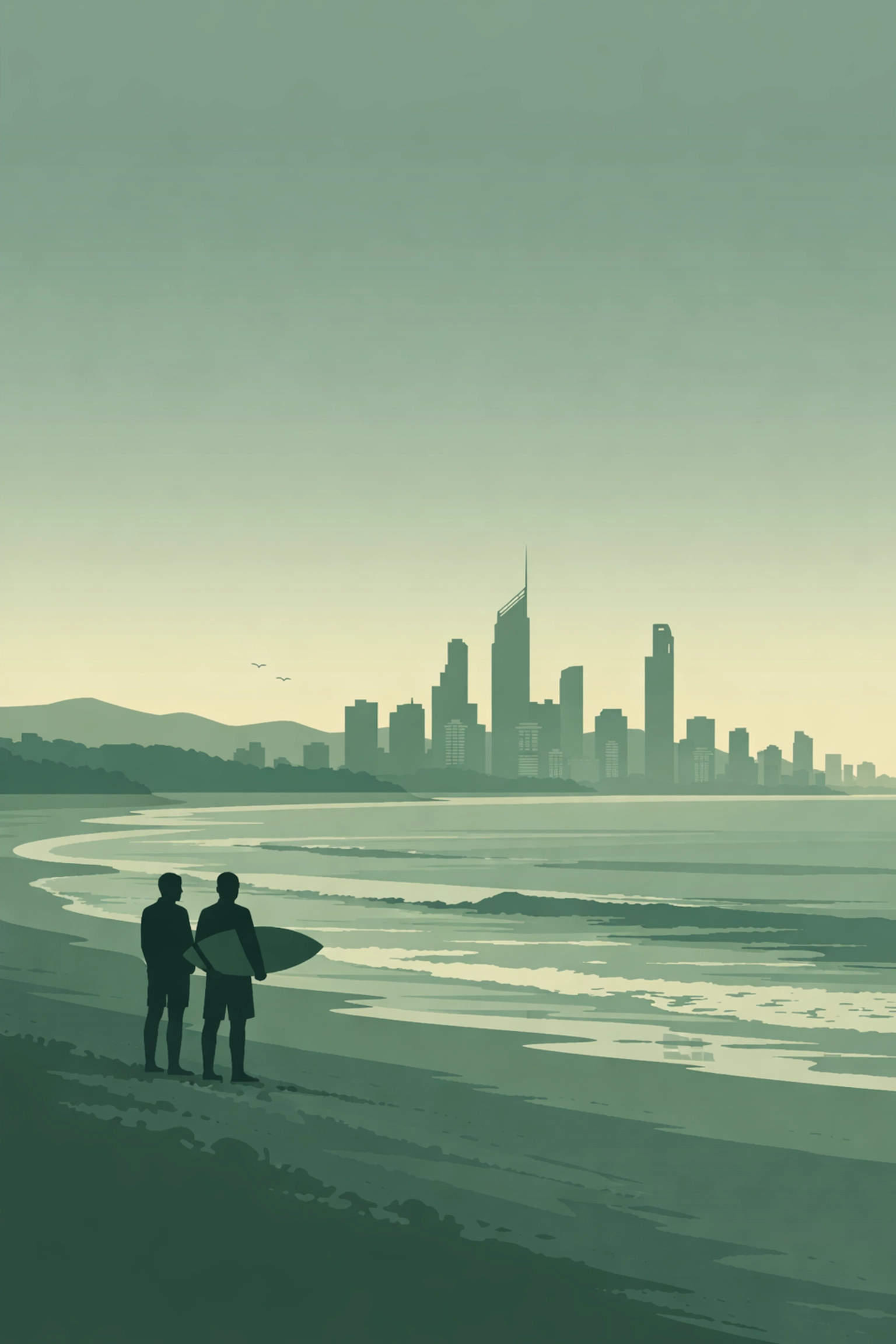 Gold Coast skyline at dawn with gay couple on beach - secret relationship
