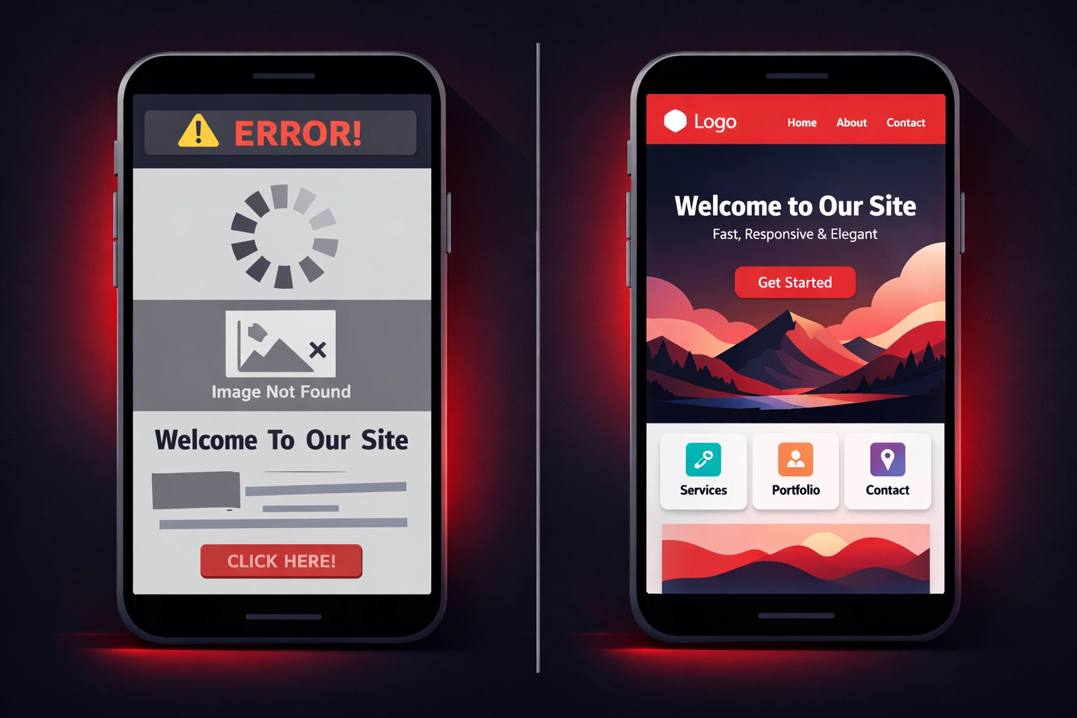 Comparison of outdated website vs modern responsive mobile website design on smartphones