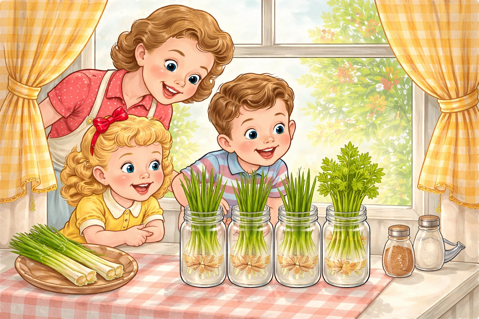 Cartoon family regrowing green onions and celery in jars on a sunny kitchen windowsill for budget gardening project