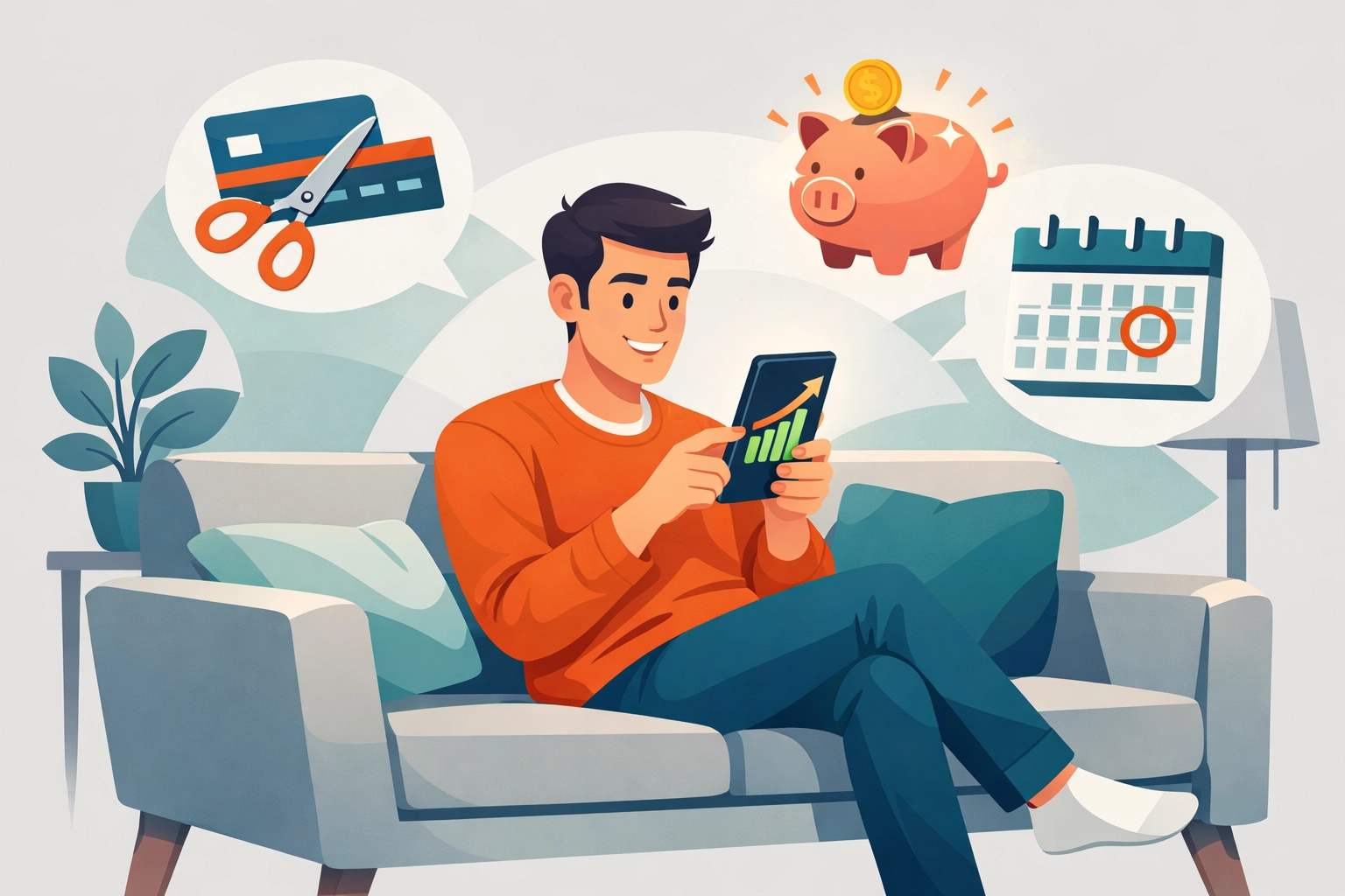 Illustration of a person tracking financial growth and budgeting to stay on track with debt payoff.