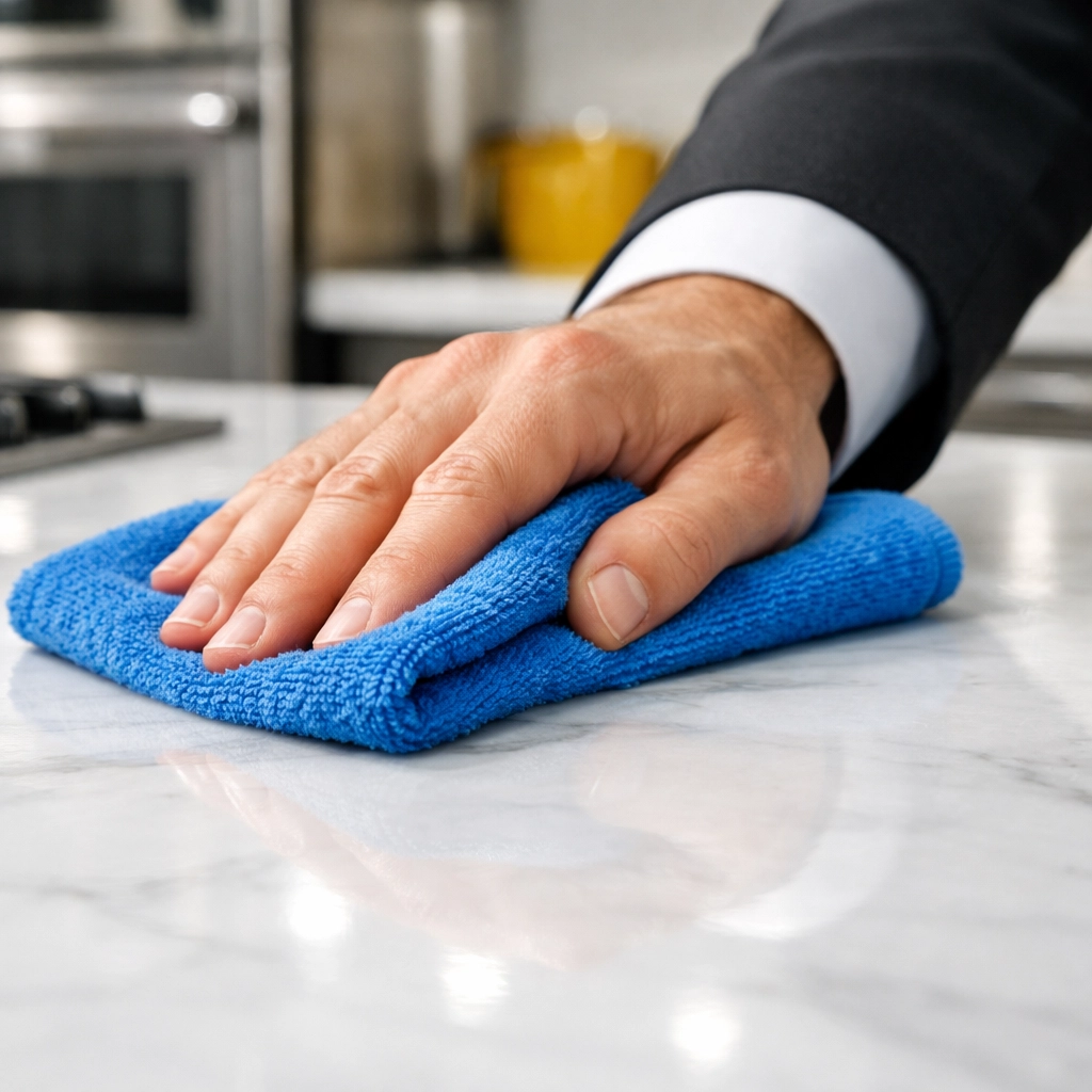 Professional hand using a microfiber cloth to remove dust and allergens from a kitchen countertop.