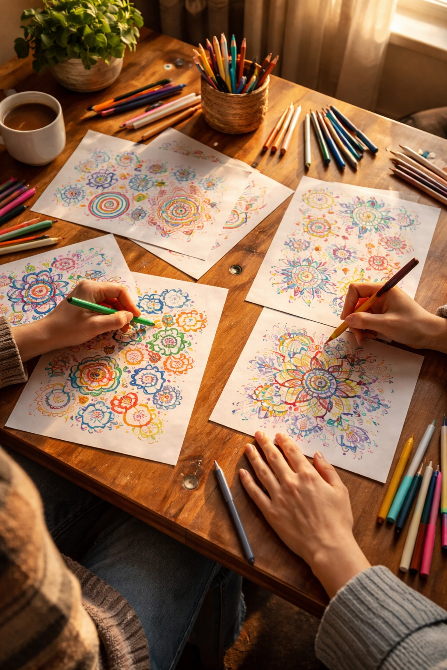 Hands create colorful doodles during a mindful team building activity that encourages creativity and reflection.