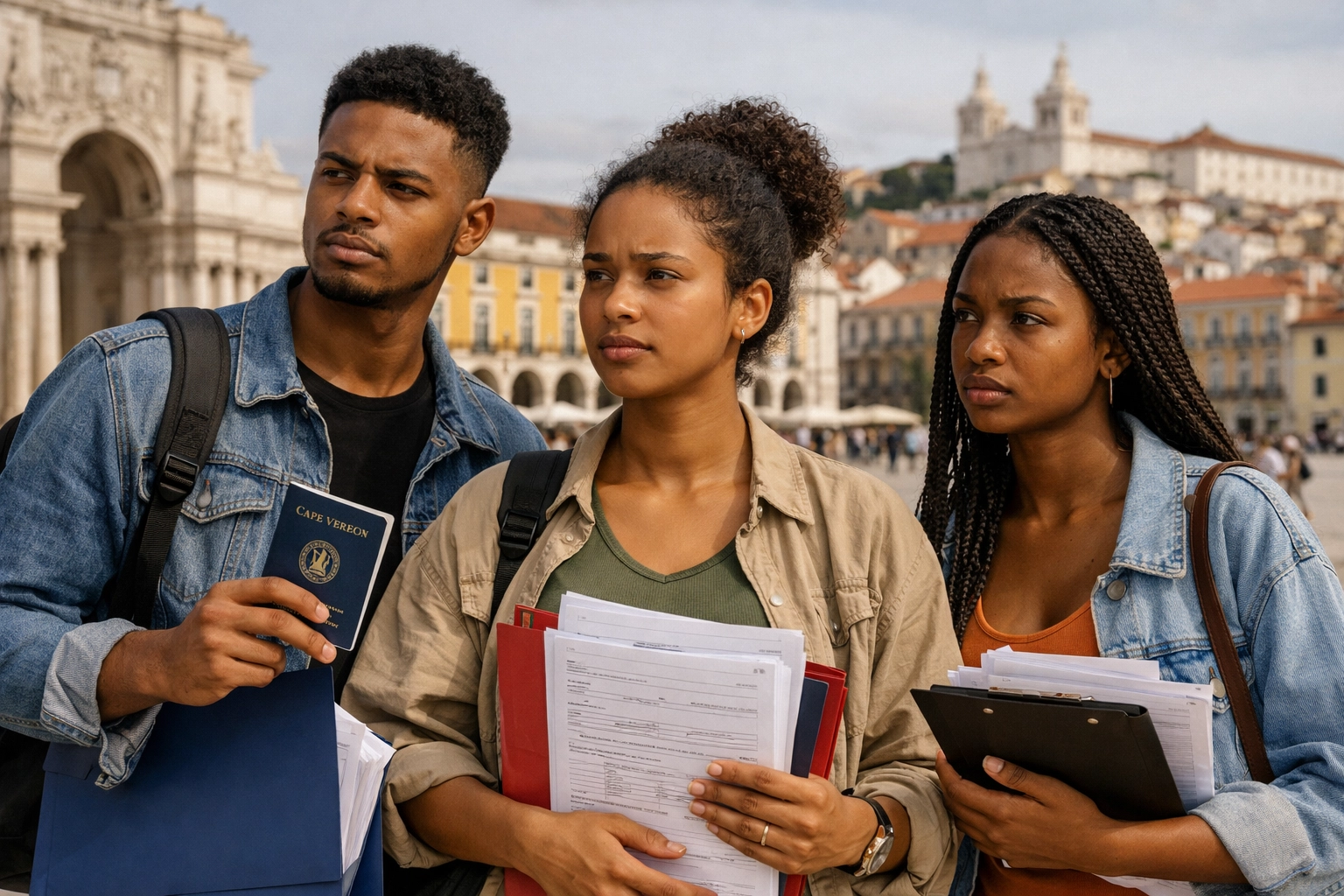 Estudante cabo-verdiano em Lisboa com dossier de documentos em frente a edifício histórico, focado em evitar erros no visto