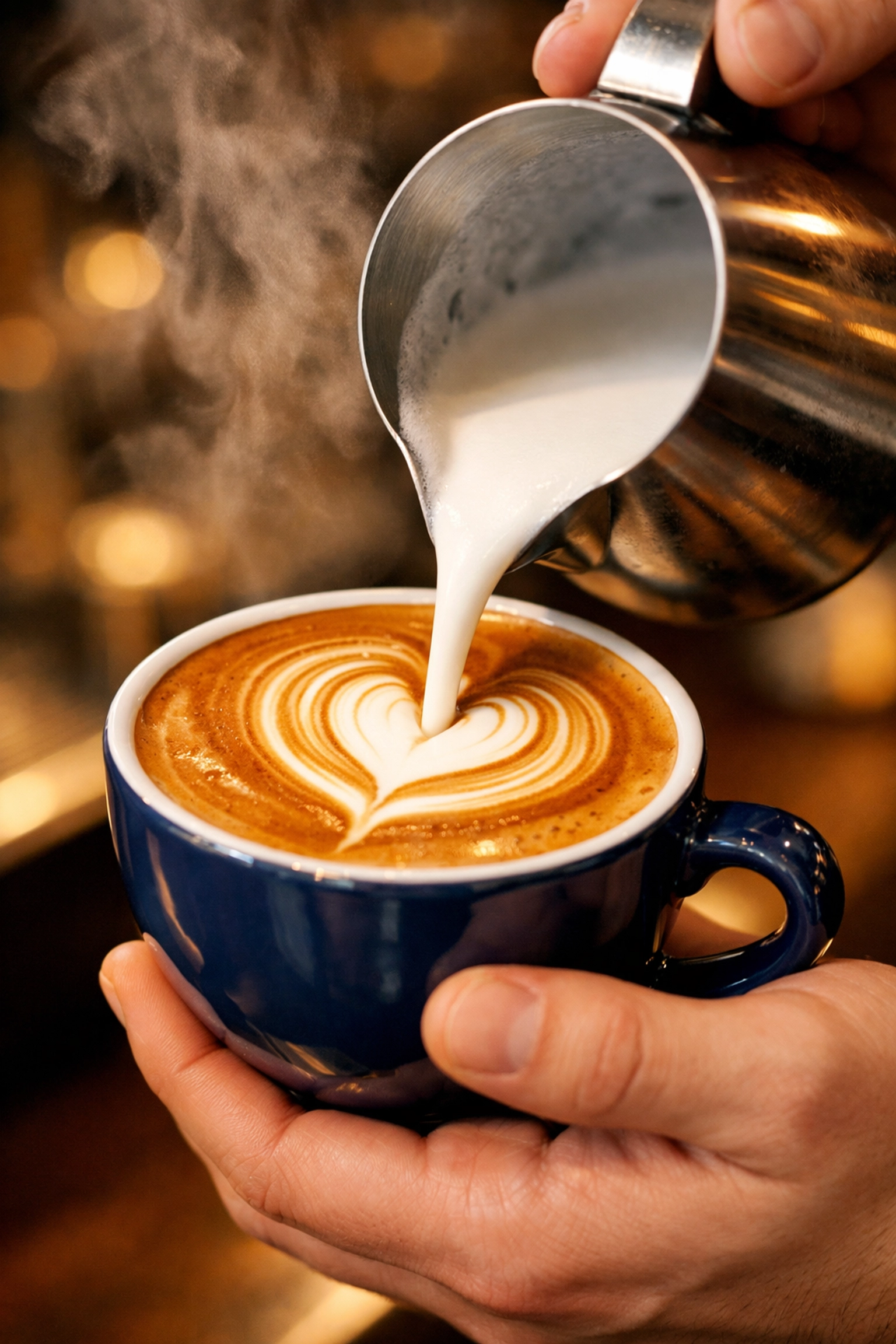 Close-up of a barista pouring latte art into a cup of specialty coffee at a cafe.
