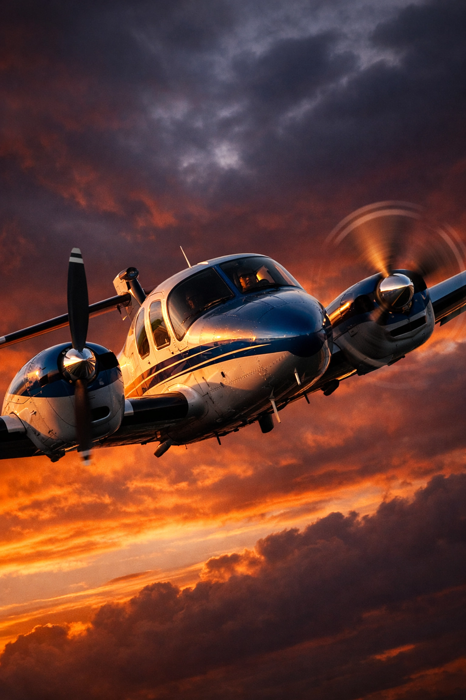 Twin-engine aircraft performing a single-engine climb at Vyse with one propeller feathered.