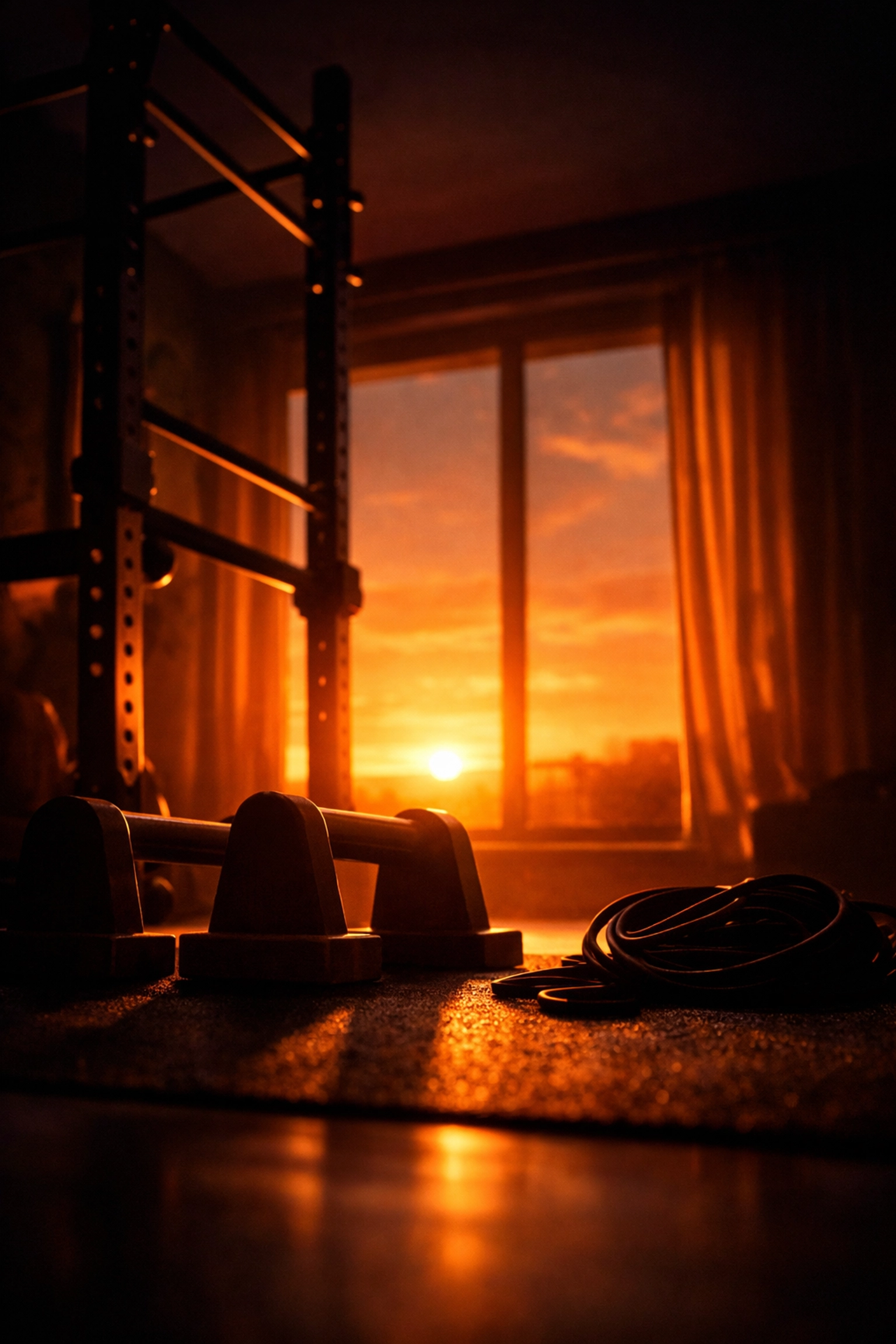 A complete home gym setup featuring a floor to ceiling rail and parallettes for elite bodyweight training at home.