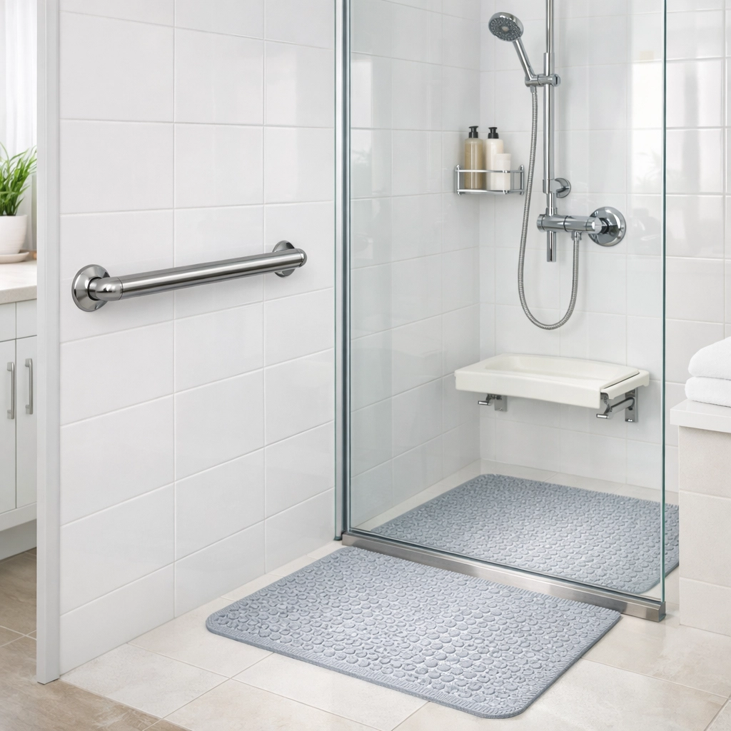 Senior-friendly bathroom featuring a sturdy grab bar and non-slip mat to prevent slips in the shower.