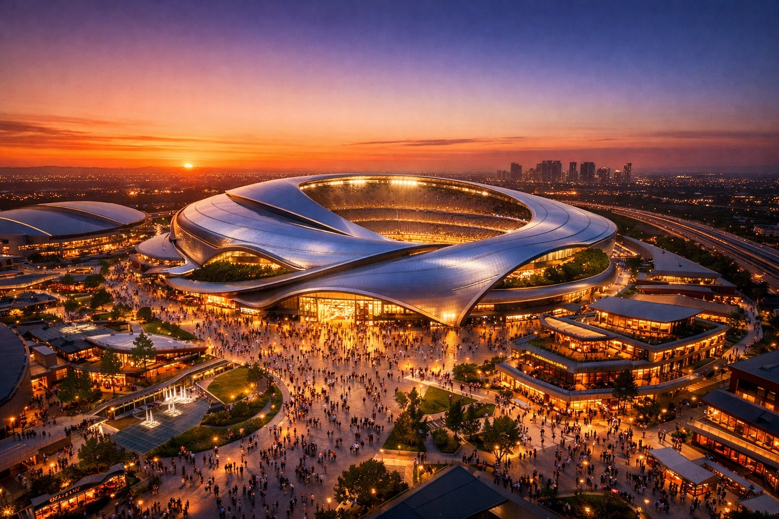 Modern sports and entertainment district representing the future of industry impact and legacy building