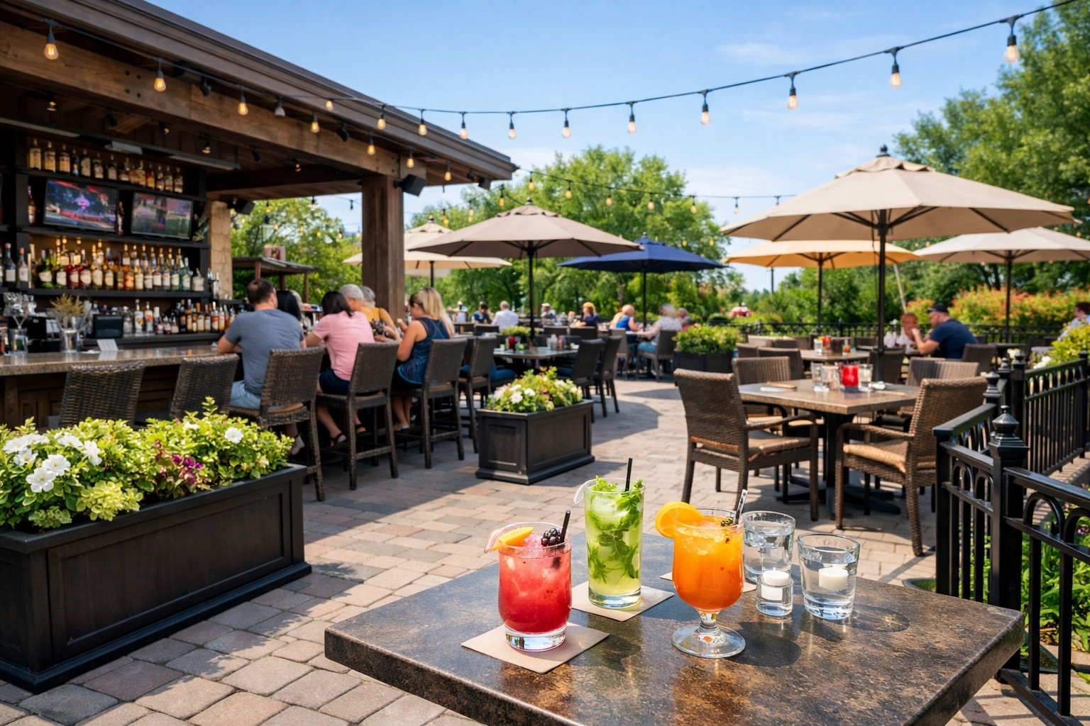 Defined restaurant patio perimeter with outdoor seating to manage liquor liability and guest safety.