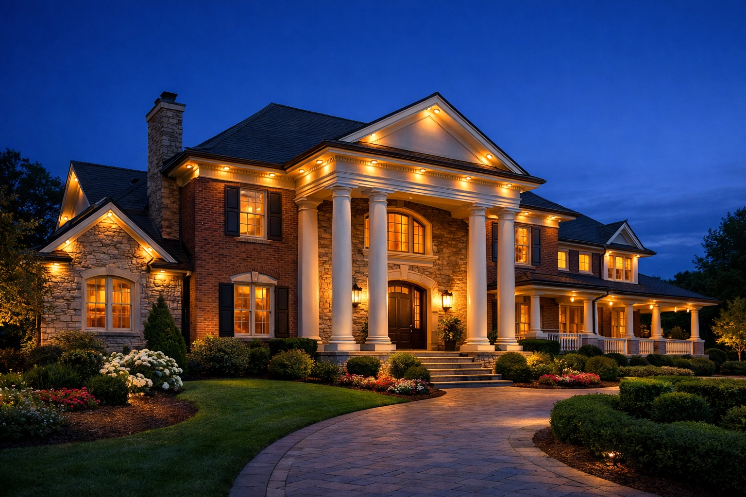 Luxury Kentucky estate at dusk with hidden soffit lighting illuminating brick facade and white columns