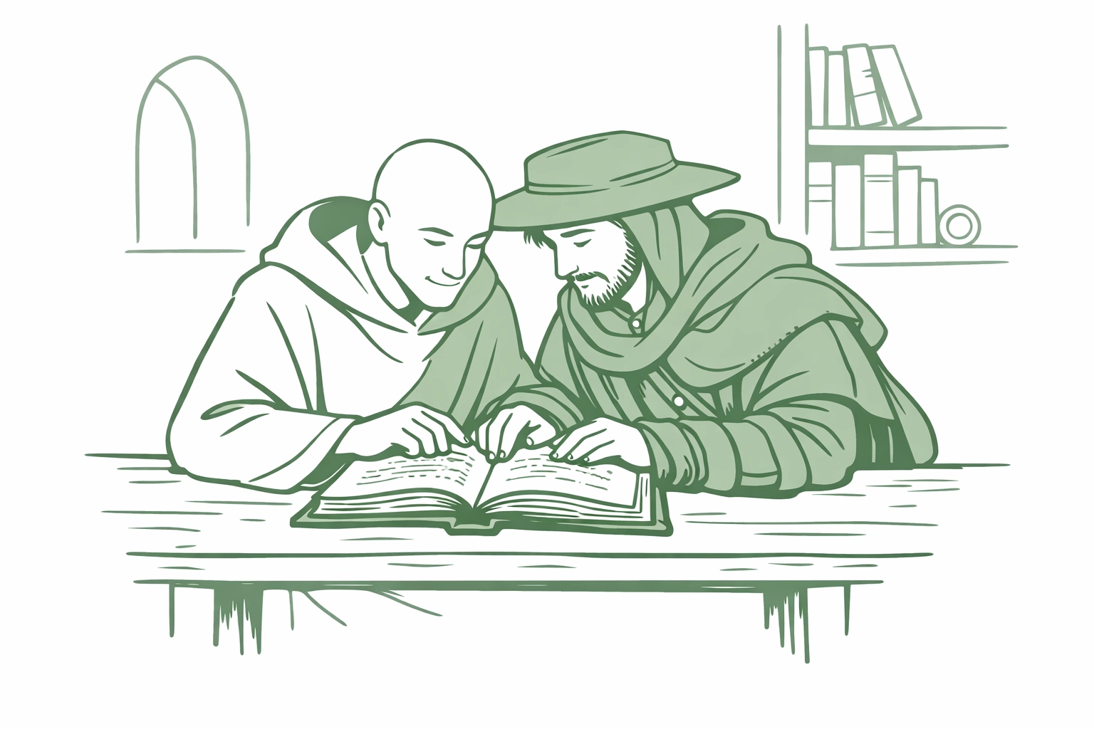 Hand-drawn MM historical romance illustration of a monk and scholar sharing an intimate scriptorium moment.