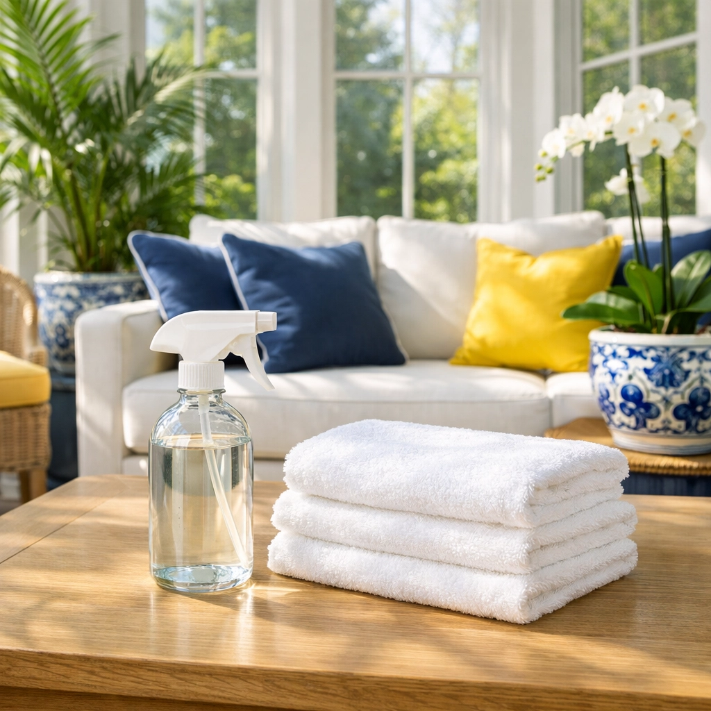 Eco-friendly residential cleaning Massachusetts supplies in a bright sunroom with lush indoor plants.