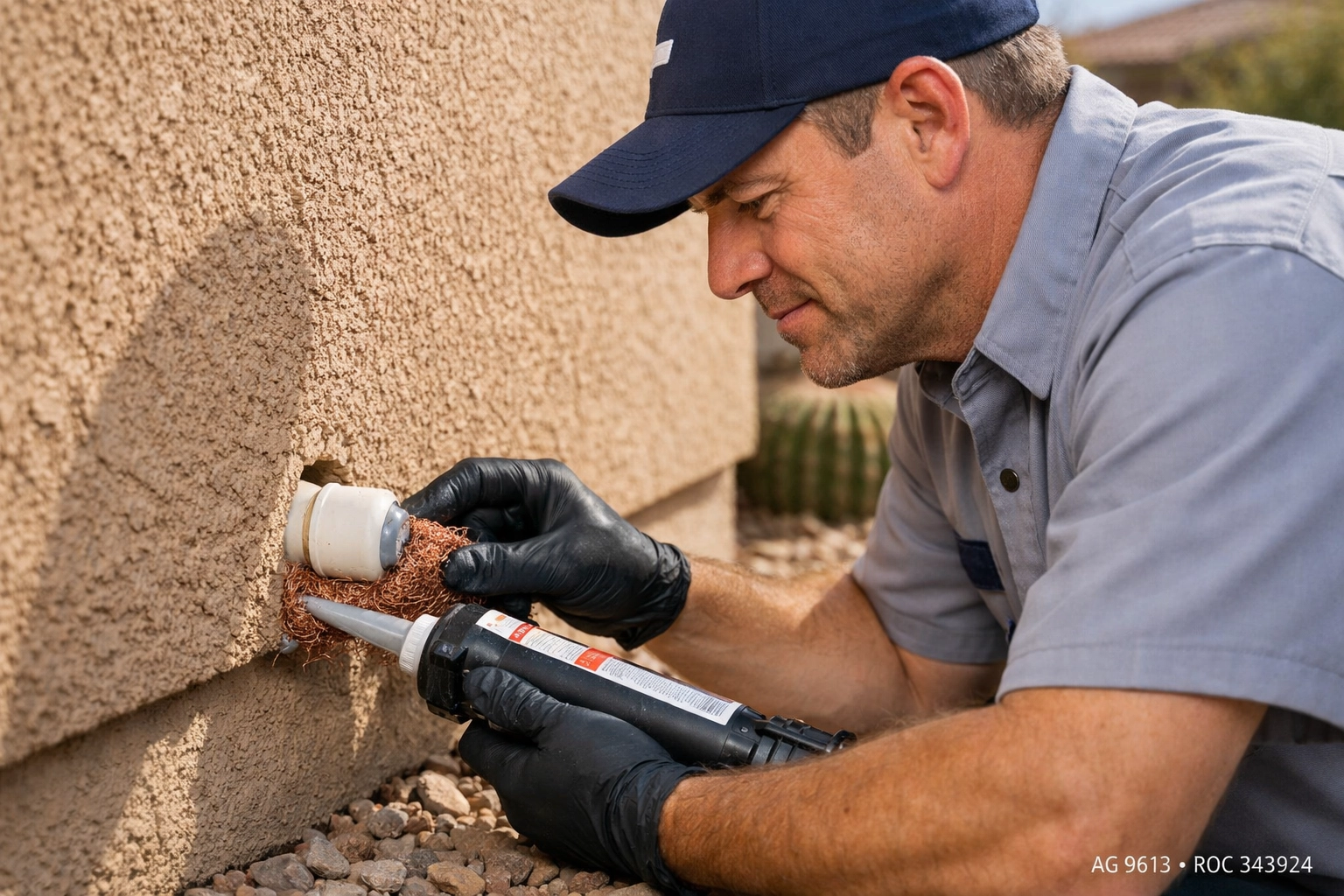 Technician performing rodent control in Florence AZ by sealing gaps in a stucco exterior wall.
