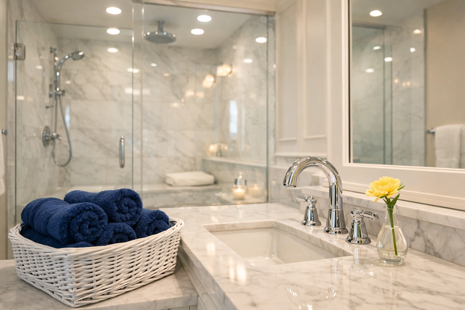 Sparkling clean bathroom in a Berlin MA home with a streak-free glass shower and bright tile.