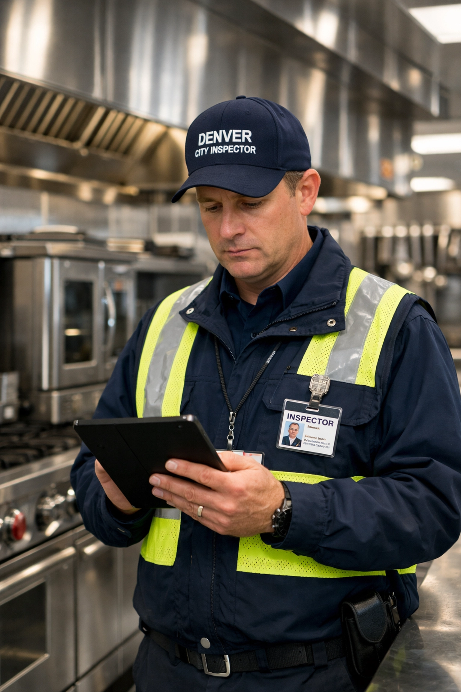 Denver city inspector performing a grease trap compliance check in a commercial kitchen.